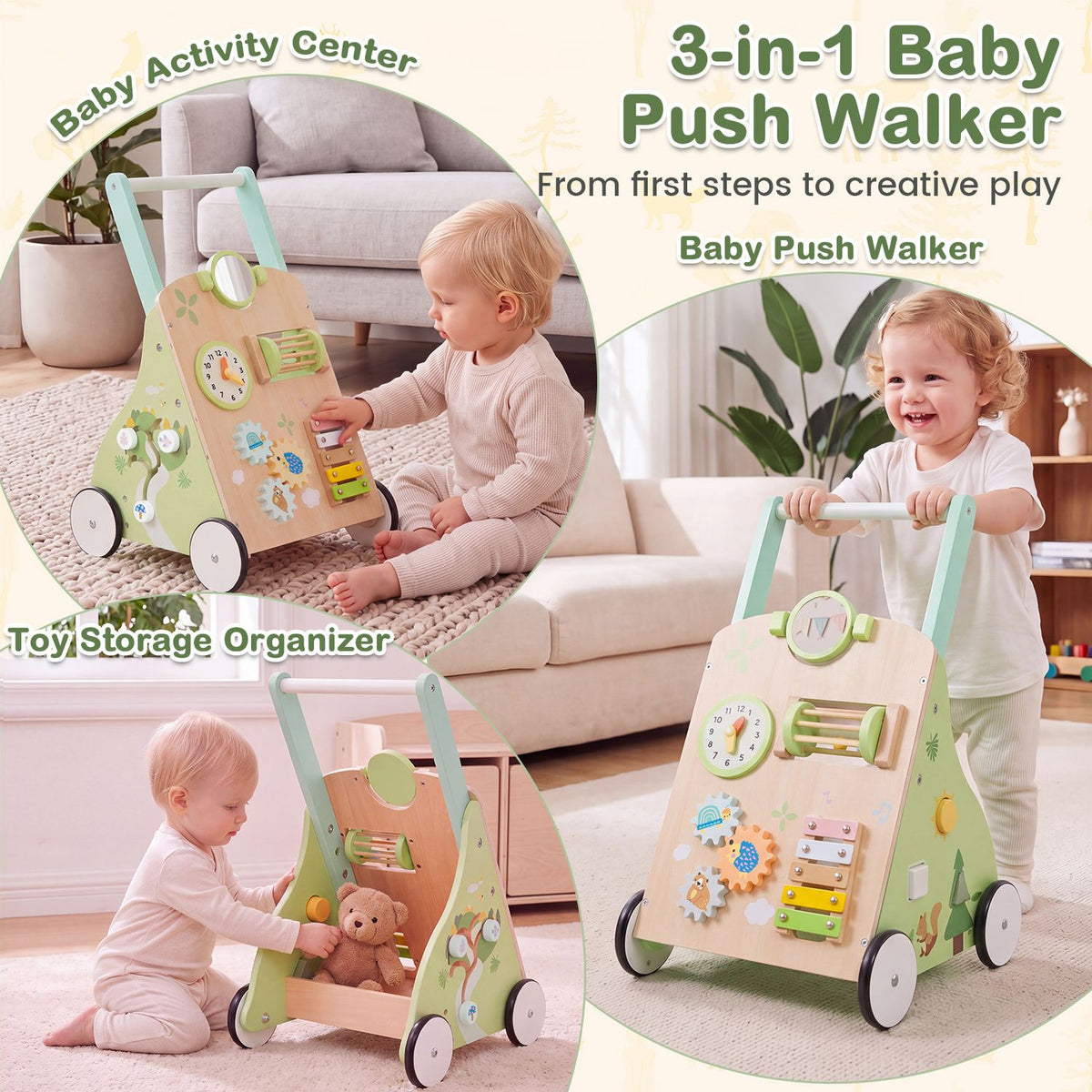 Babies sit beside and push a wooden activity walker in a bright living room.