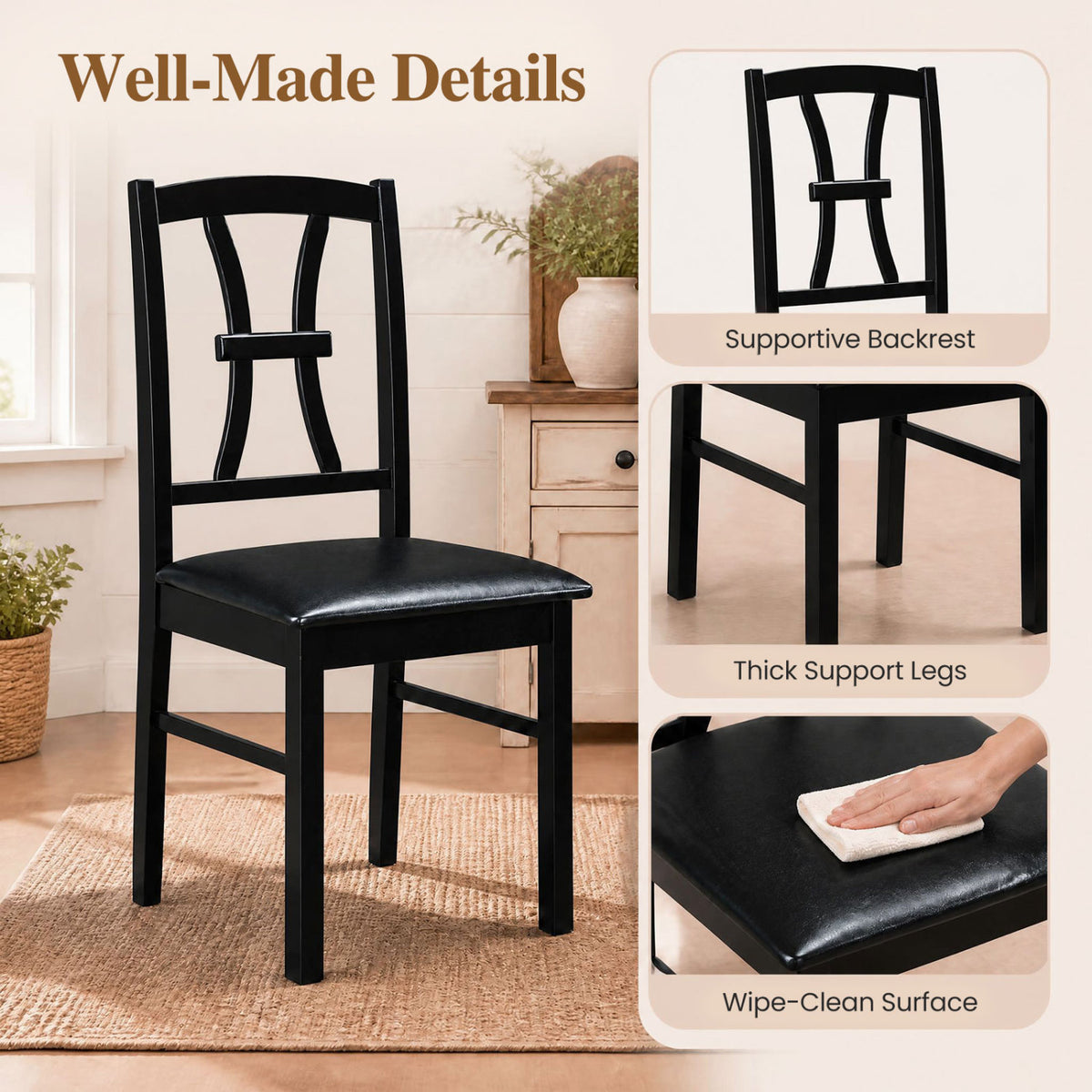 Wooden Dining Chairs Set of 2 with Faux Leather Padded Seat for Kitchen
