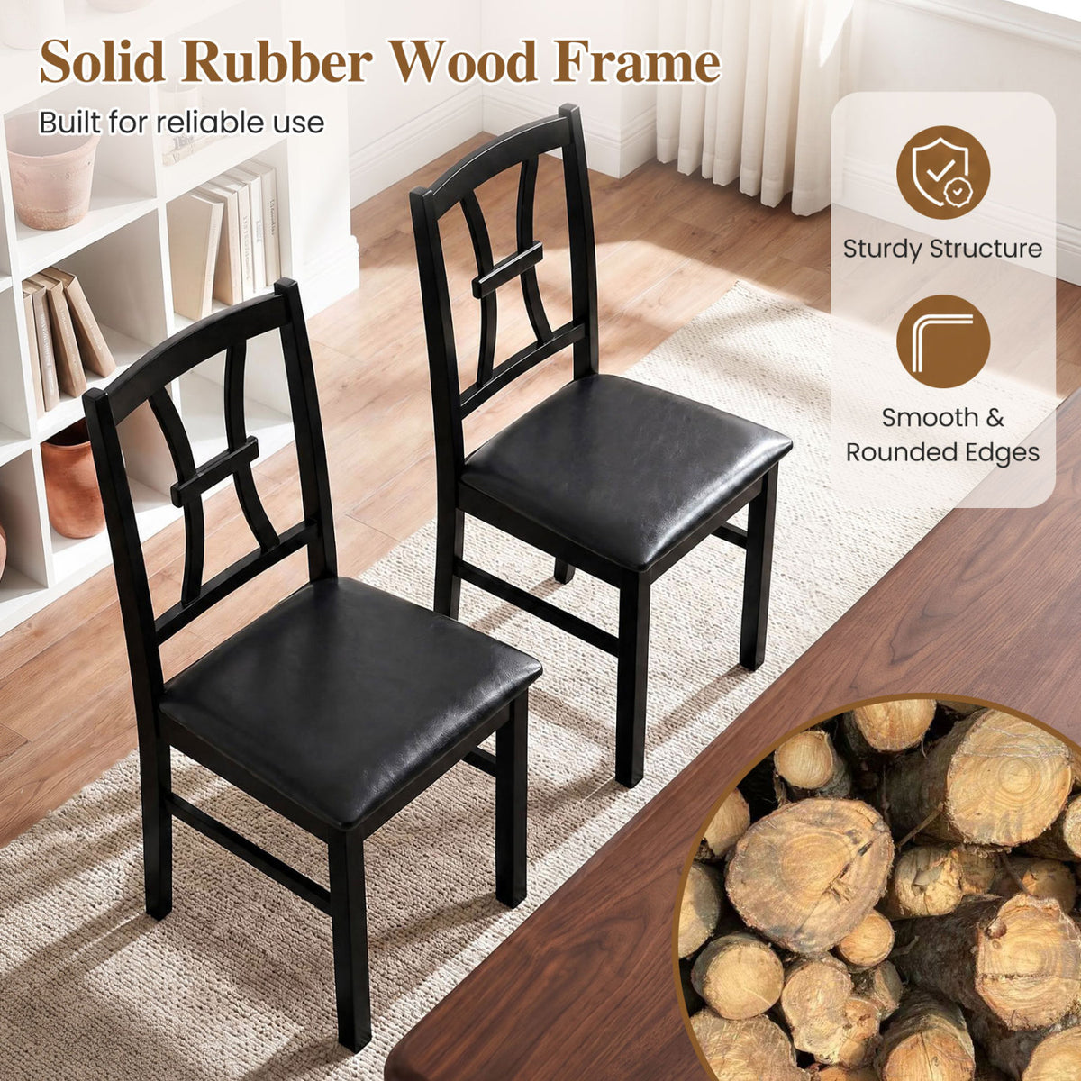 Wooden Dining Chairs Set of 2 with Faux Leather Padded Seat for Kitchen