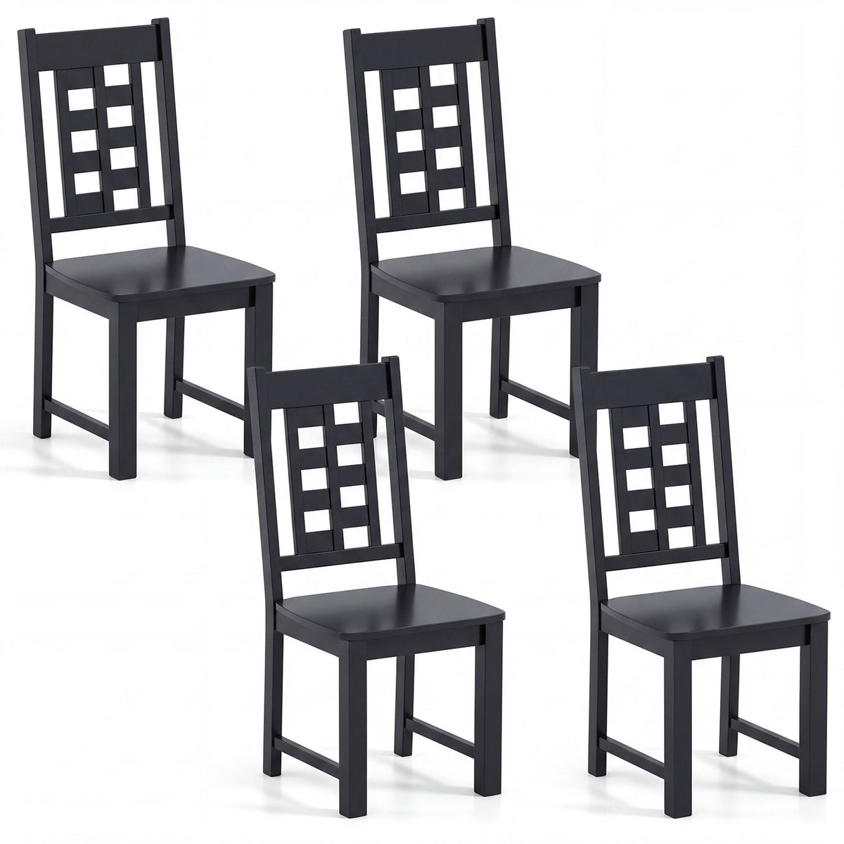 Four matching dark wooden dining chairs shown individually against a white background.