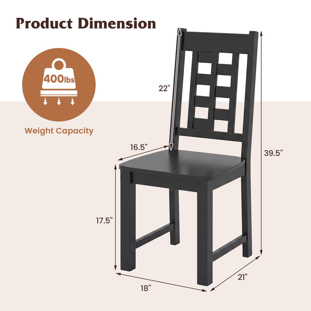 A single dark wooden dining chair shown with measurement arrows and a weight-capacity graphic.
