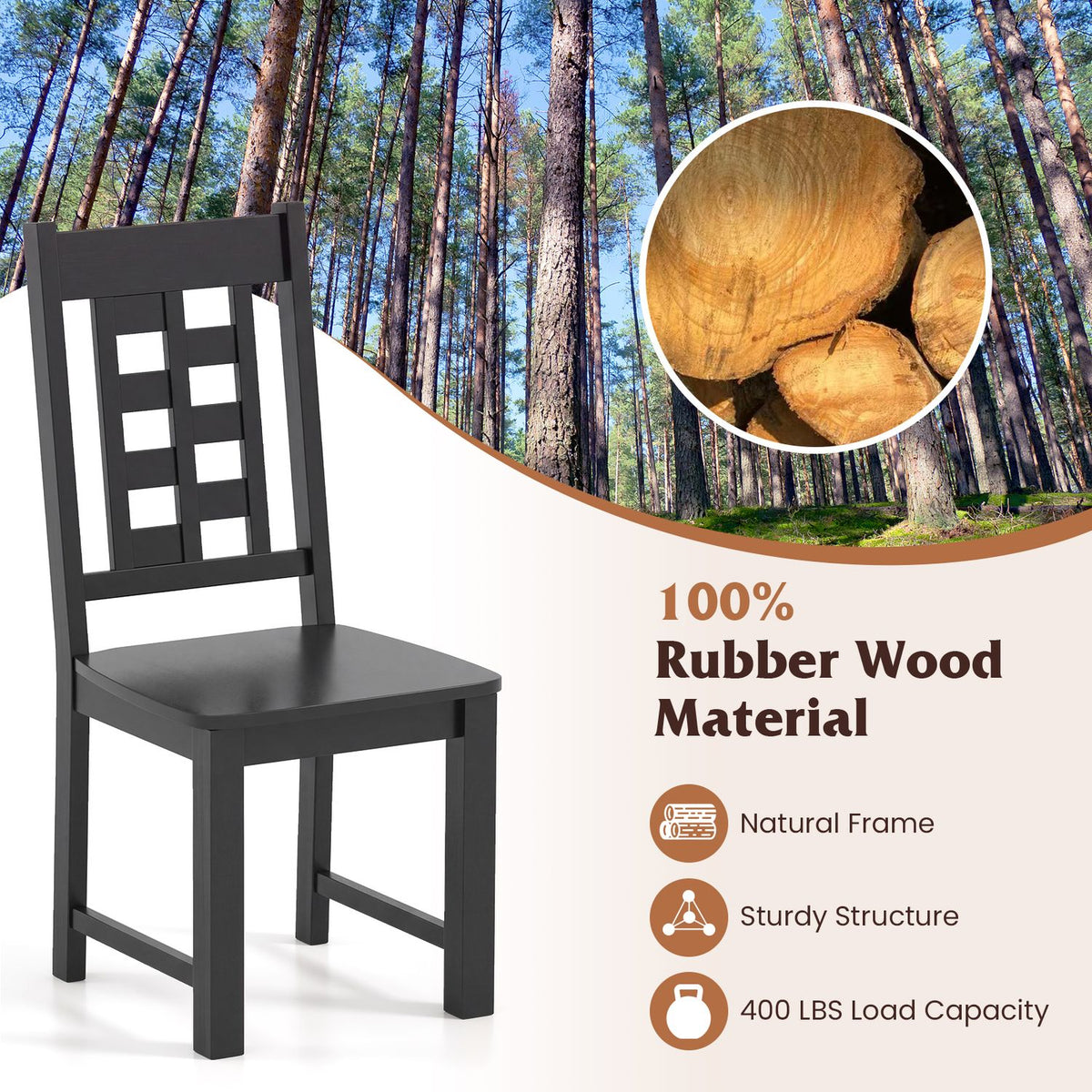 A black ladder-back dining chair beside a circular inset showing cut wood logs.
