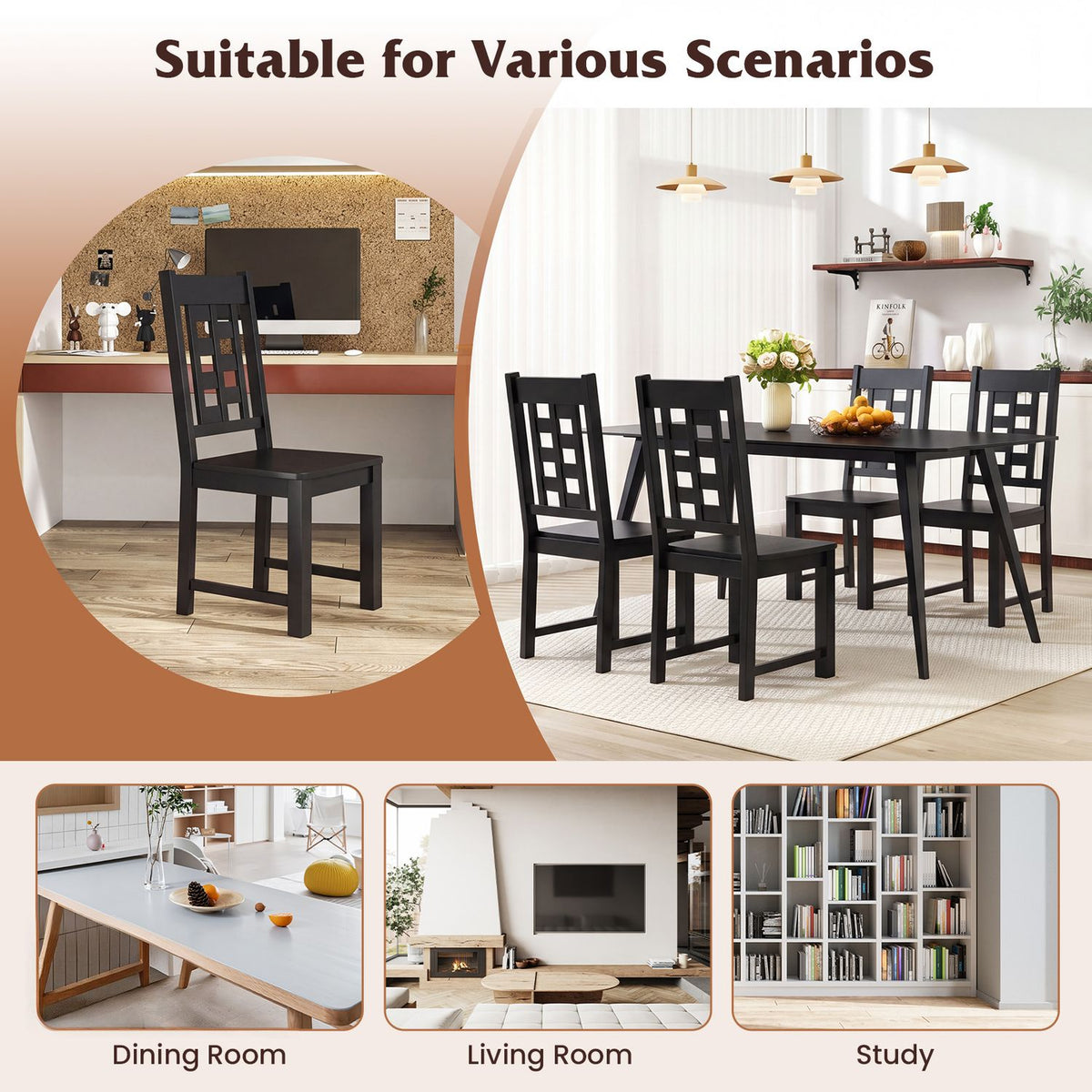 Black ladder-back chairs shown at a desk and around a dining table, with smaller room scenes below.