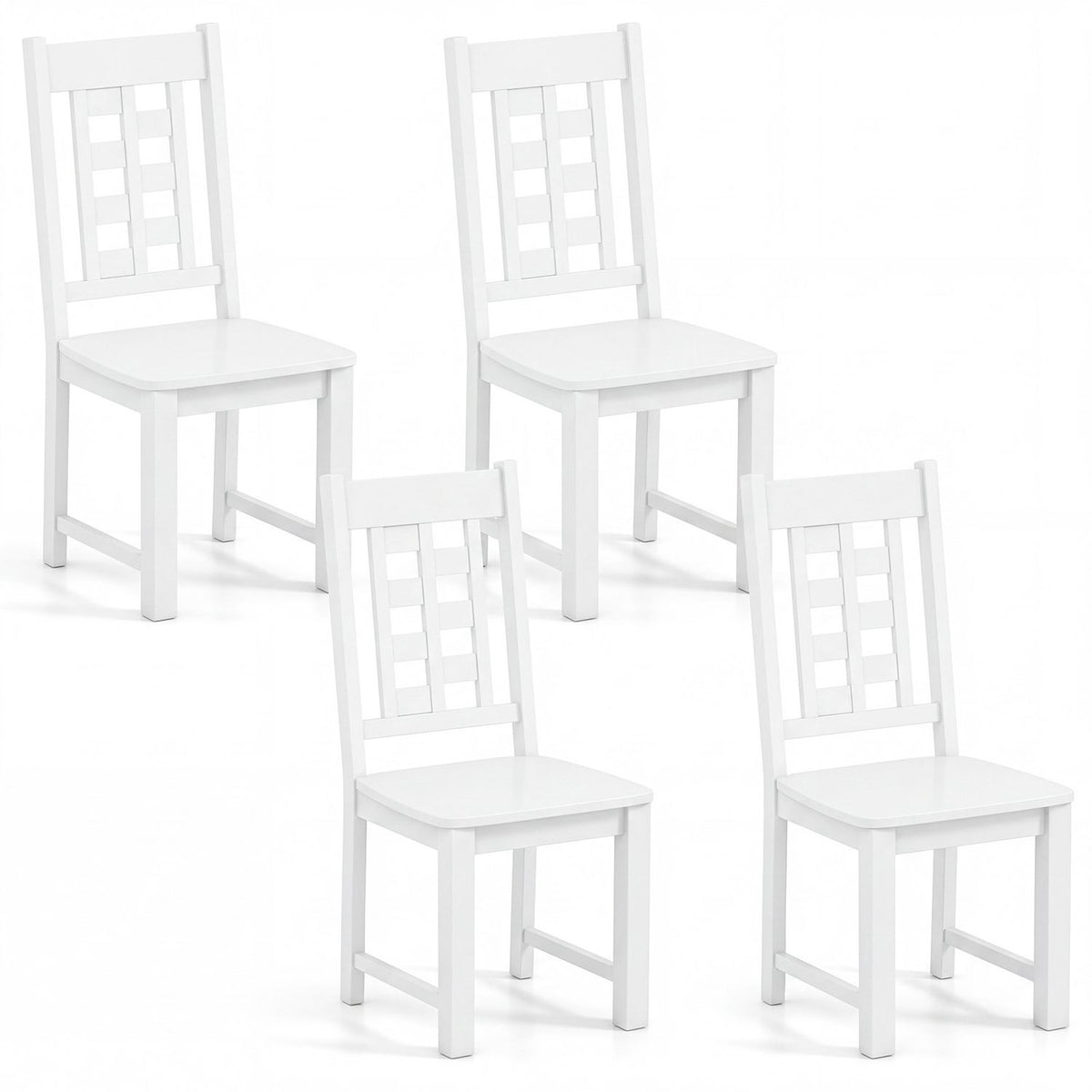 Four white open-back dining chairs shown individually against a white background