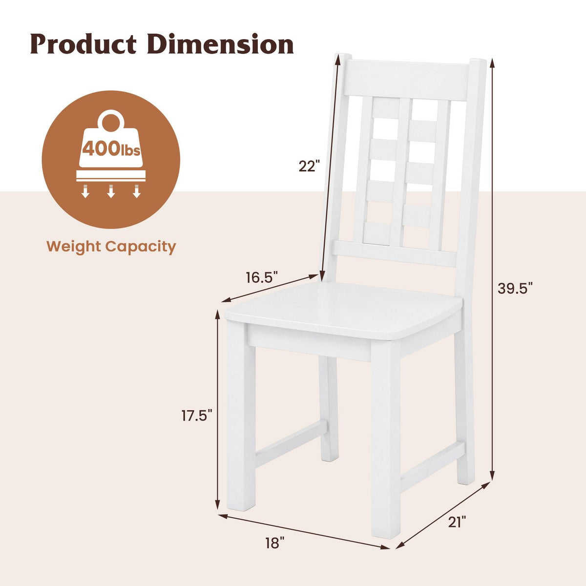 White dining chair shown with a dimension diagram on a light background