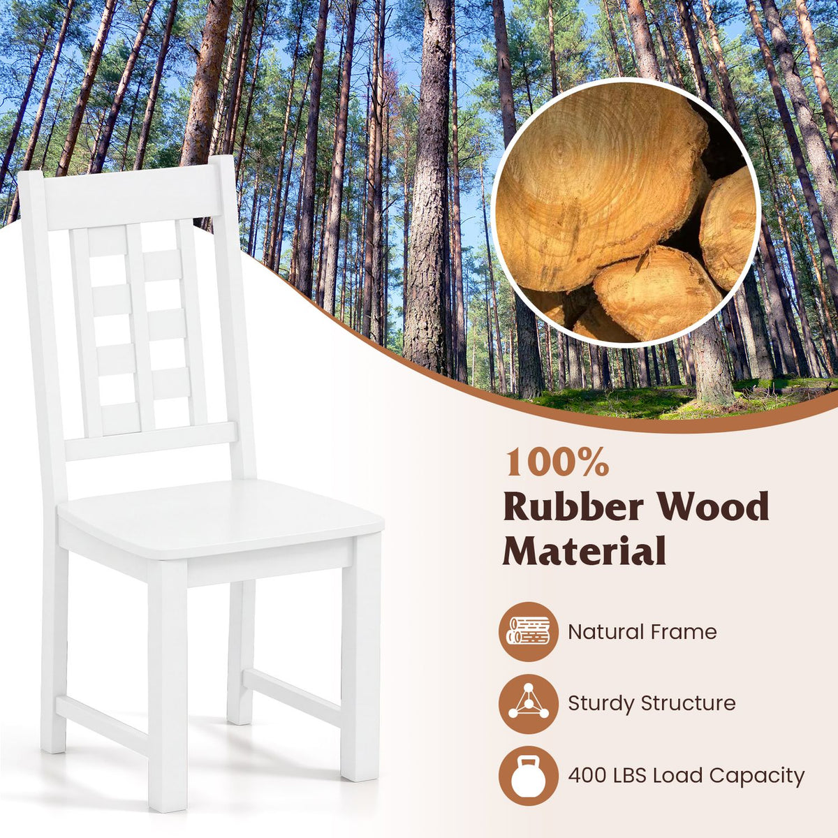 White open-back chair beside a wood-grain inset and material graphic