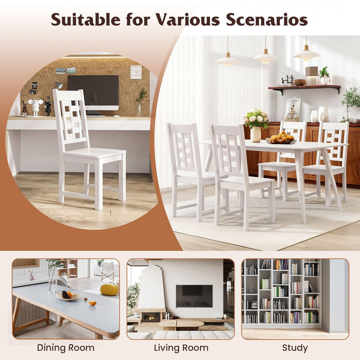 White dining chair shown in dining, living room and study settings