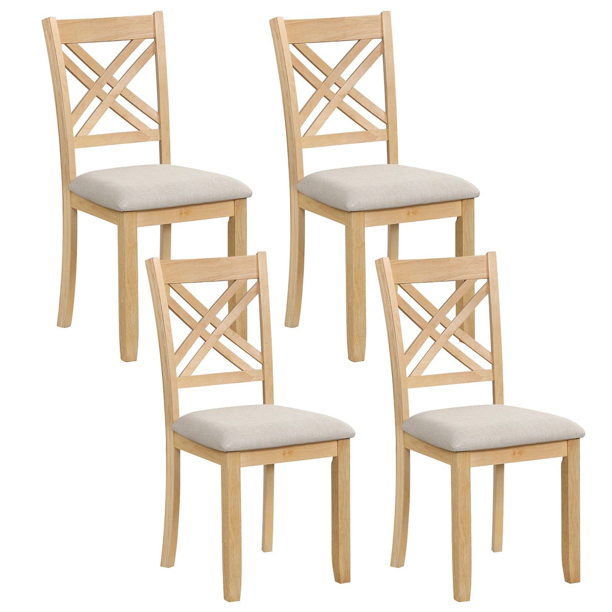 Four matching light wood chairs with crossed backrests and pale padded seats shown against a white background.