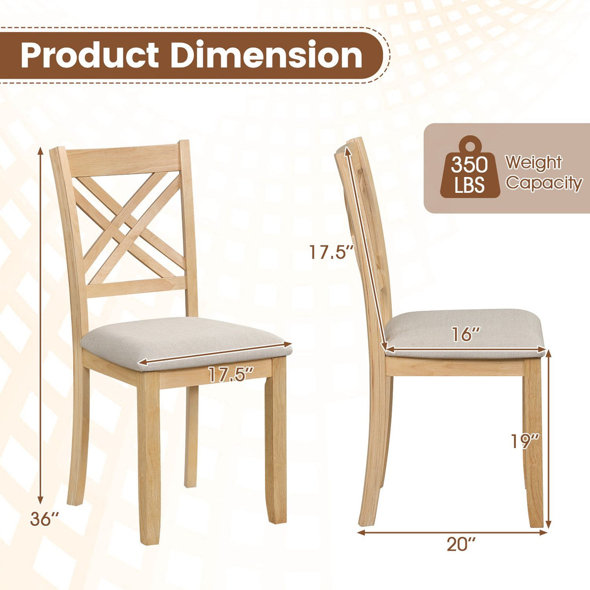 Front and side views of a light wood chair with measurement arrows and labels.