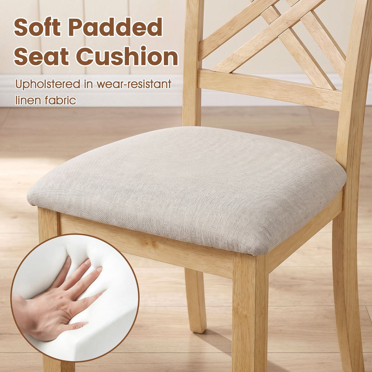 Close-up of a light upholstered dining chair seat with a hand pressing the cushion, showing its texture and padding.