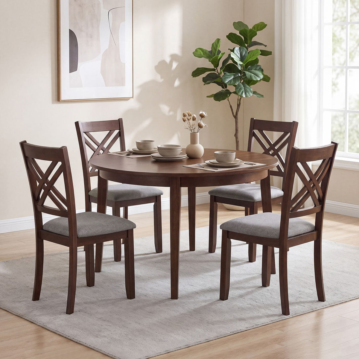 Brown crossed-slat dining chairs with gray seats around a round table in a bright room