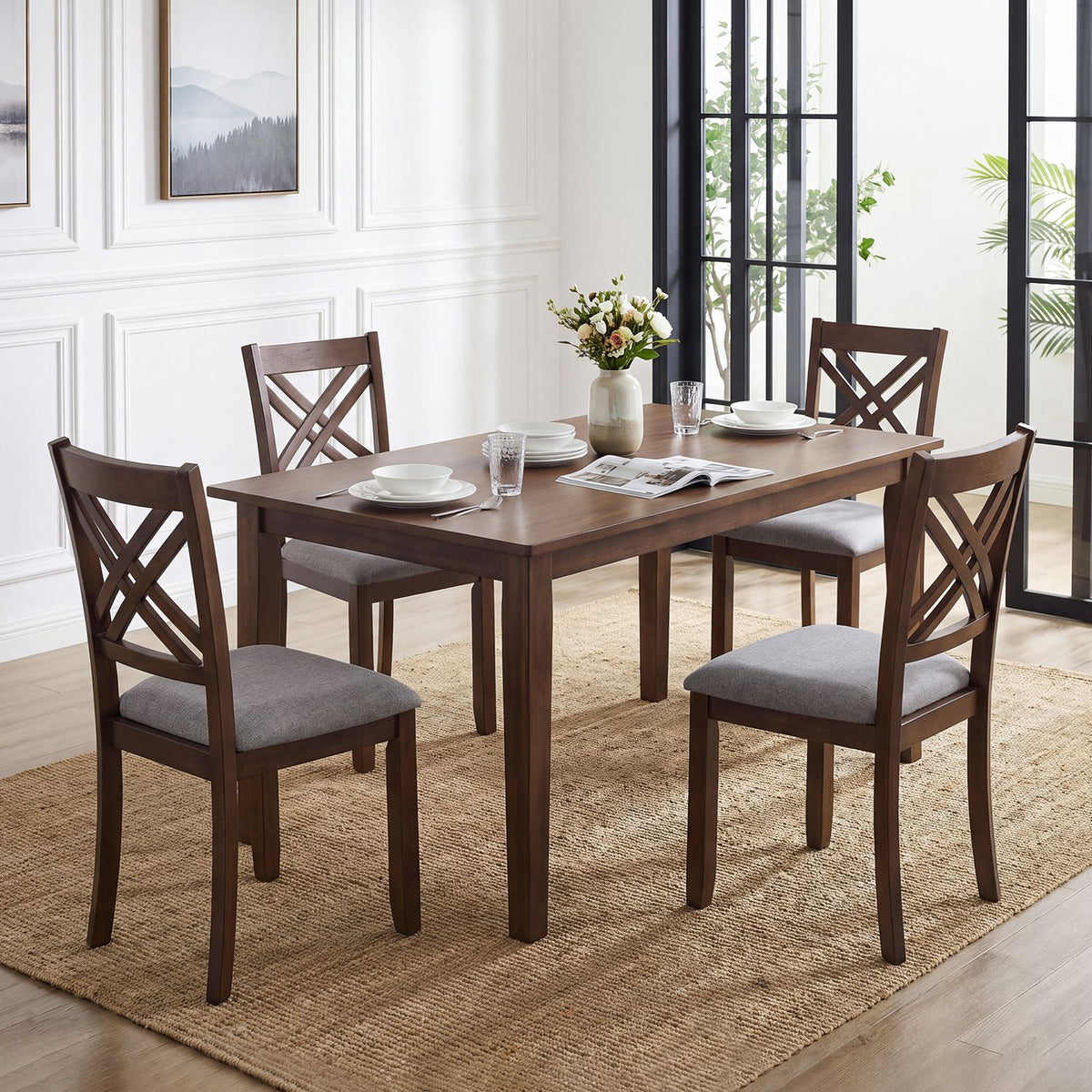 Brown crossed-slat chairs with gray seats around a rectangular dining table
