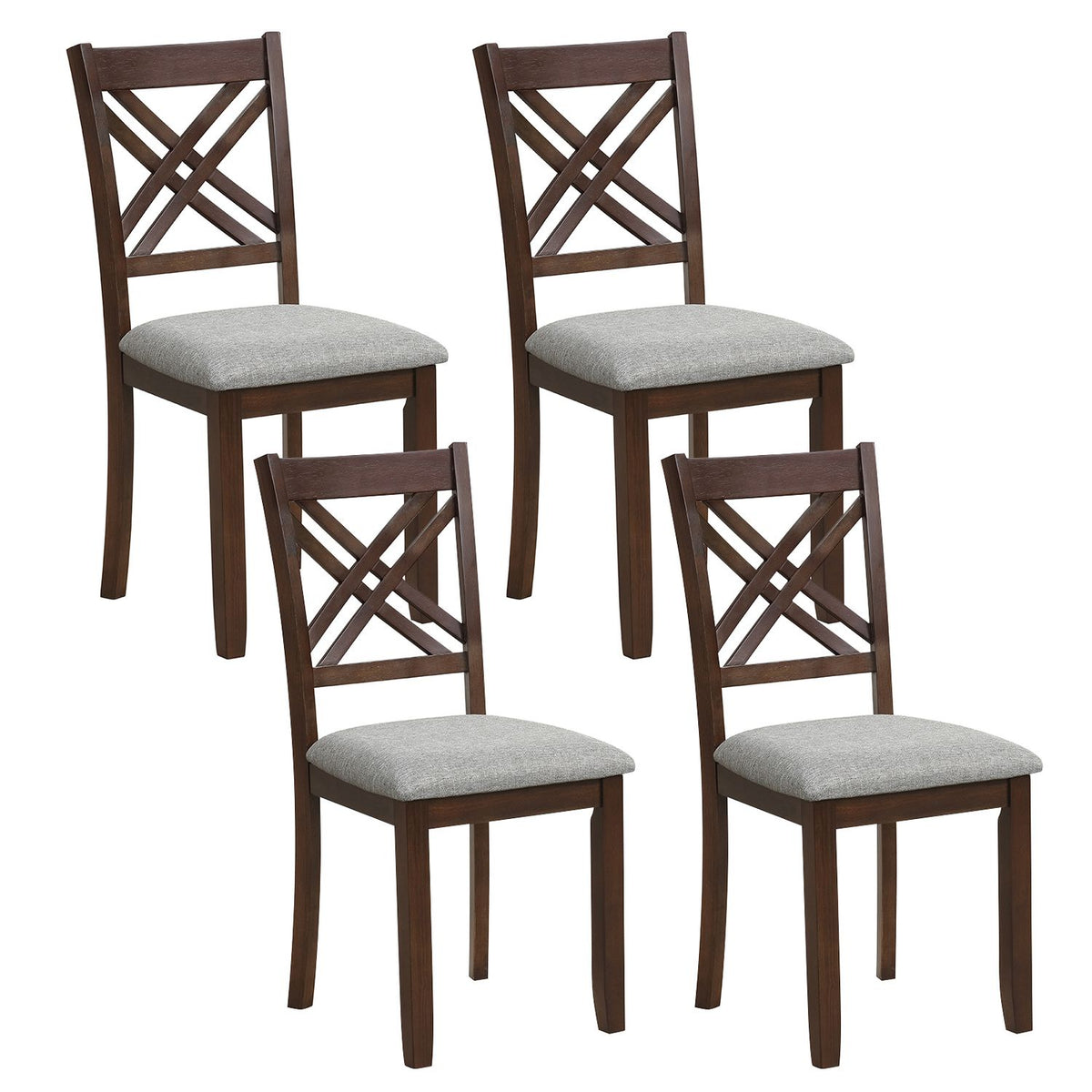 Set of four brown wooden dining chairs with crossed-slat backs and gray seats
