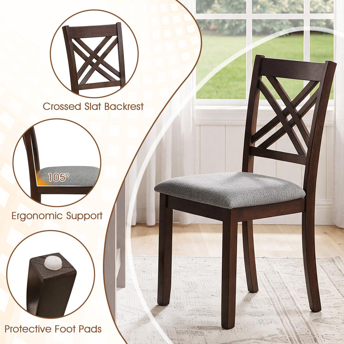 Brown crossed-slat chair with gray padded seat, shown with feature callouts