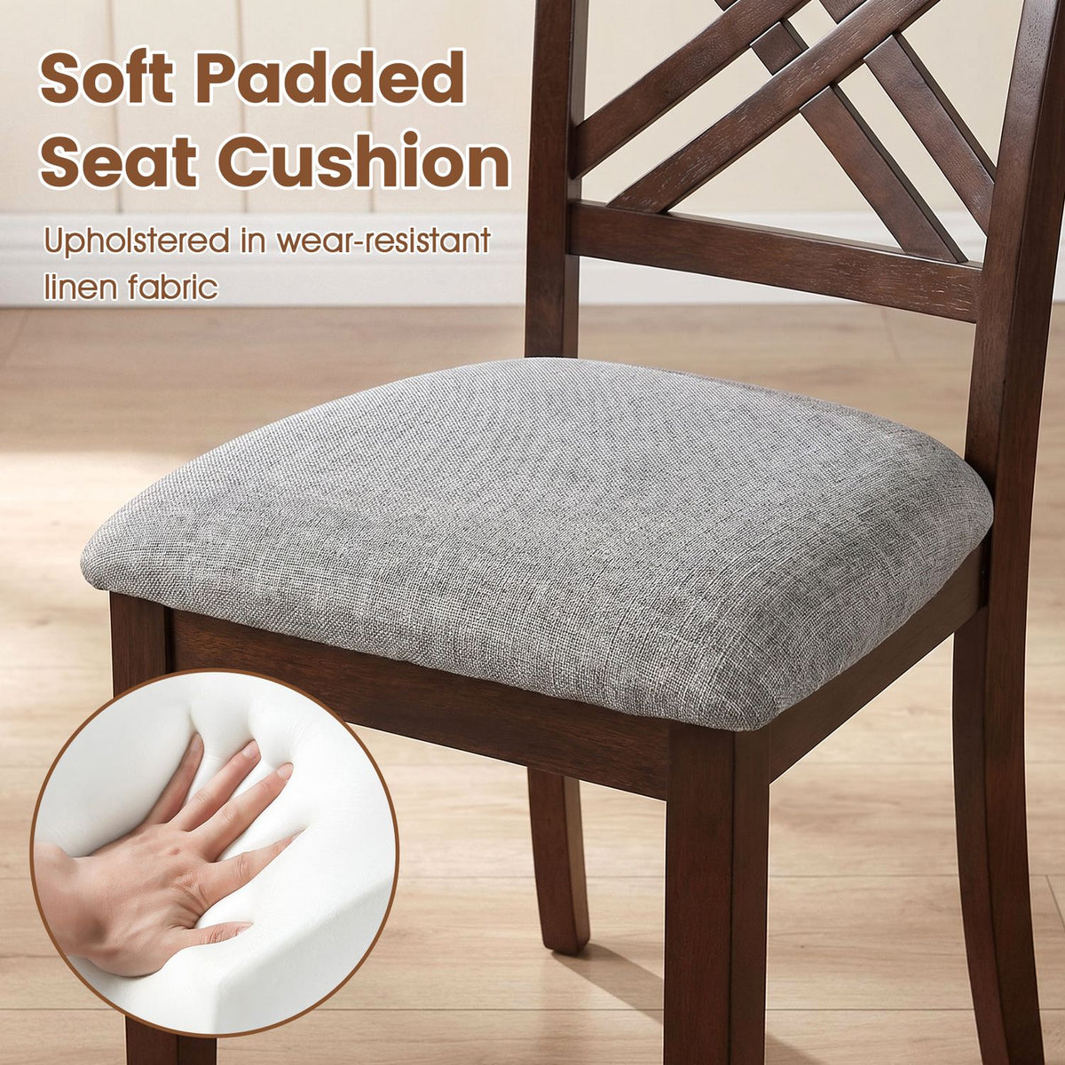 Gray textured padded seat fills the frame, with part of the dark crossed-back chair visible behind it.