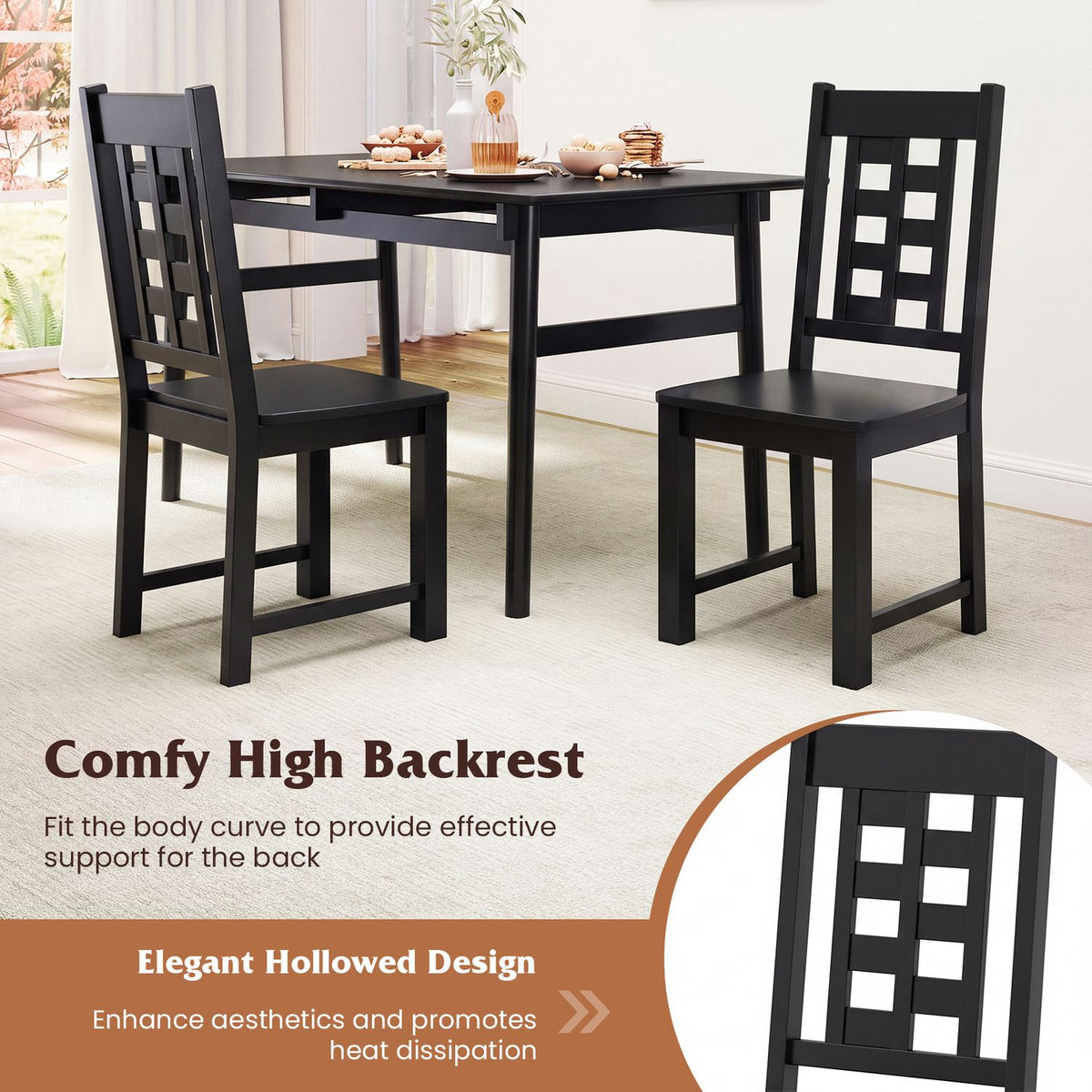Two black ladder-back chairs beside a dining table, with an inset close-up of the chair back.