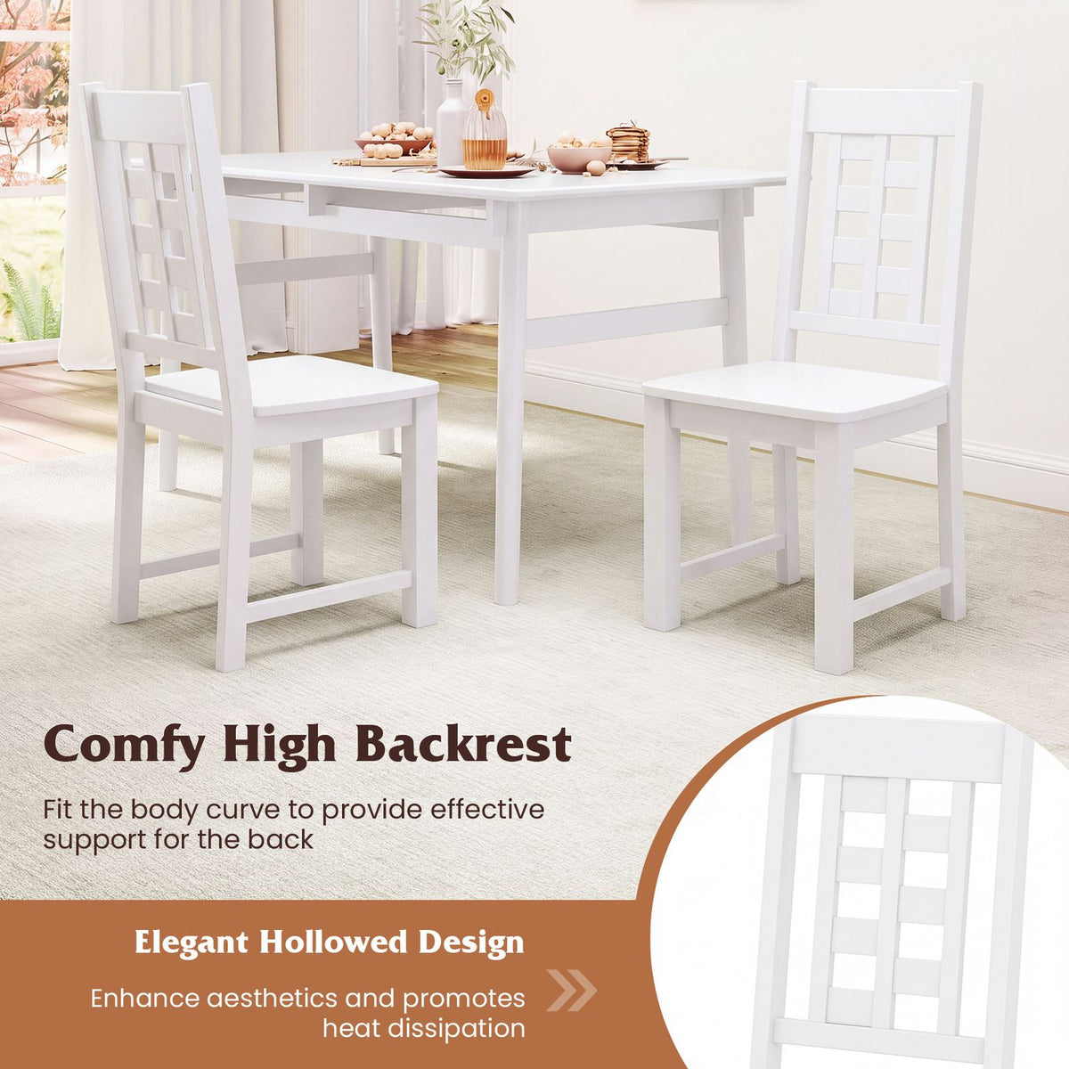 White ladder-back chairs around a table, with a close-up inset of the slatted backrest.