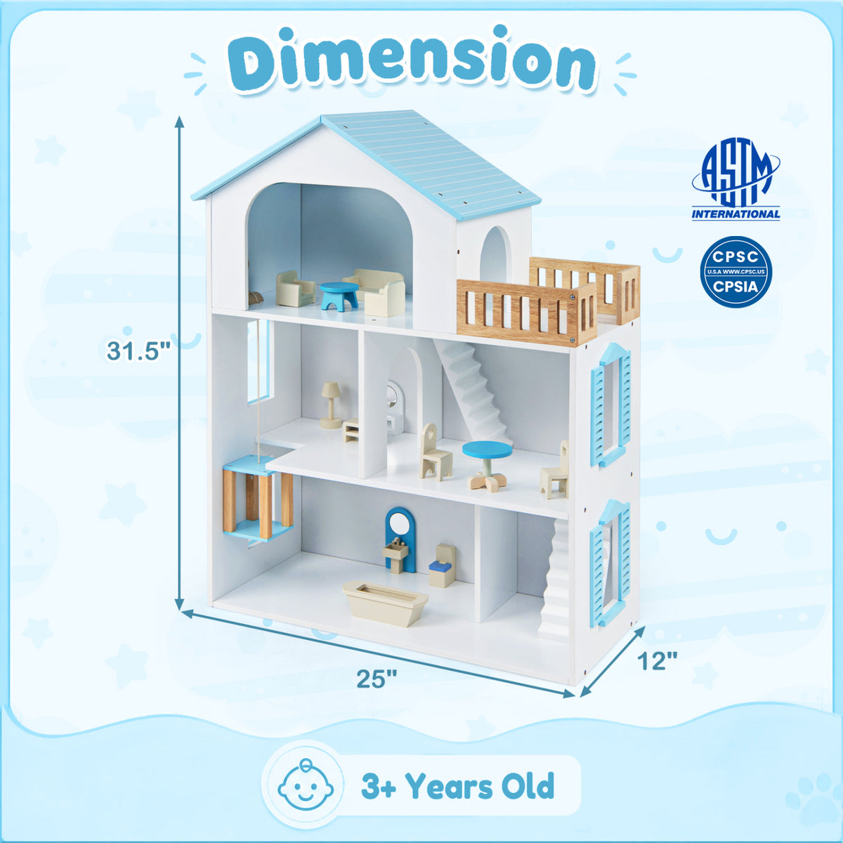 Open-front dollhouse shown with furniture, a staircase, balcony, and measurement arrows.