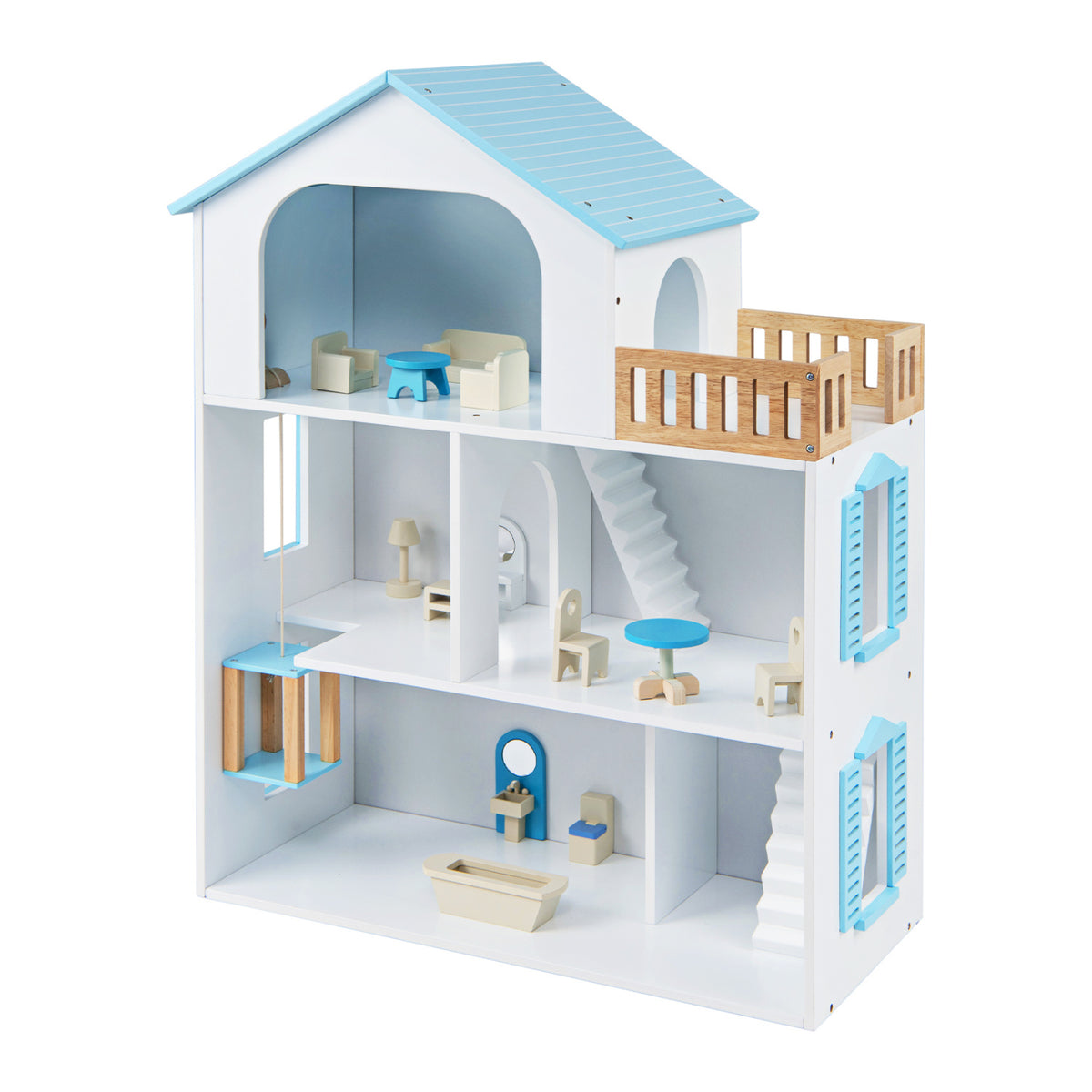 An open-front dollhouse with blue shutters, a small balcony and furnished rooms, shown against a white background.