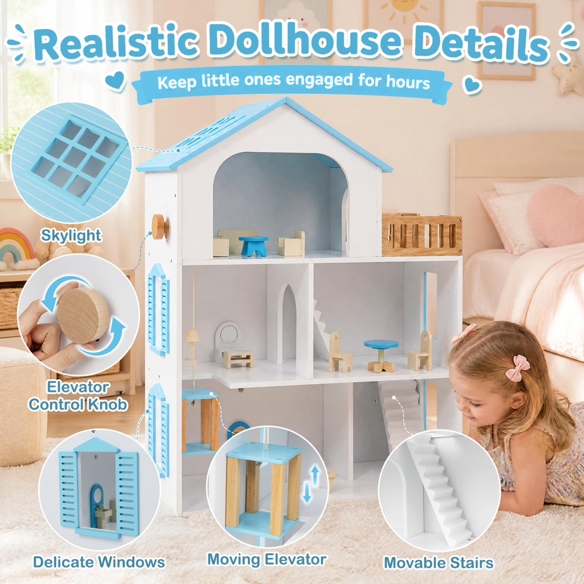 Dollhouse beside a child, with inset views of its skylight, windows, elevator knob, moving elevator, and stairs.