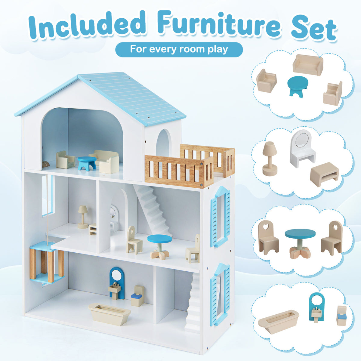 Open-front dollhouse with furniture pieces displayed in separate groupings alongside it.