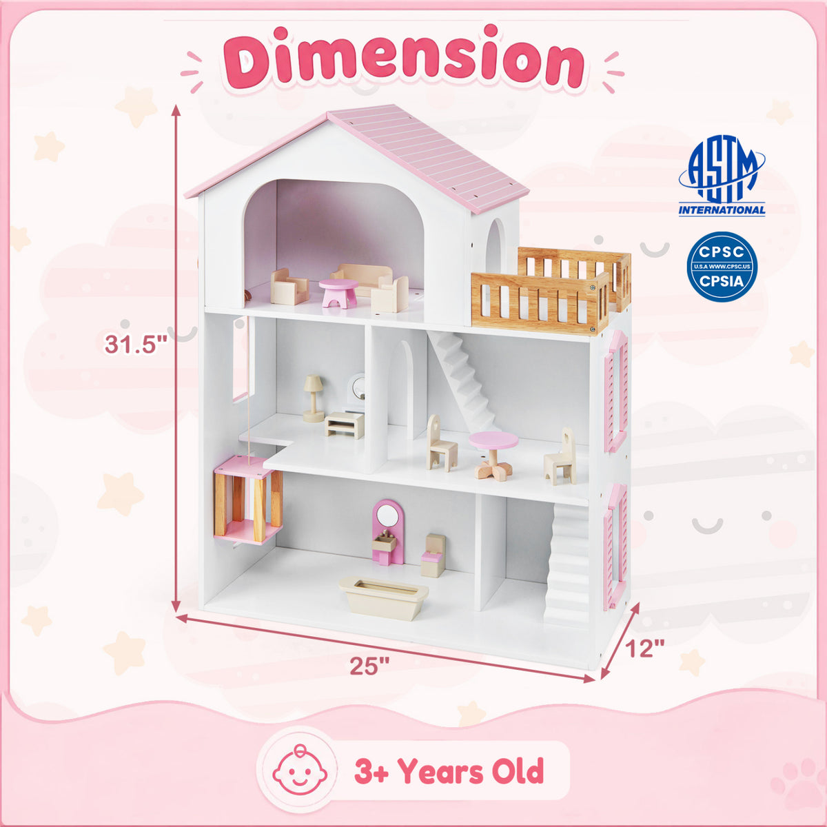 White and pink dollhouse with miniature furniture shown alongside measurement arrows.