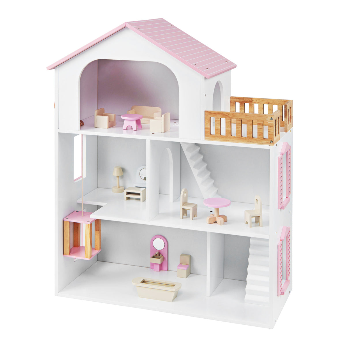 White open-front dollhouse with pink roof trim, a wooden balcony, miniature furniture, and interior stairs.