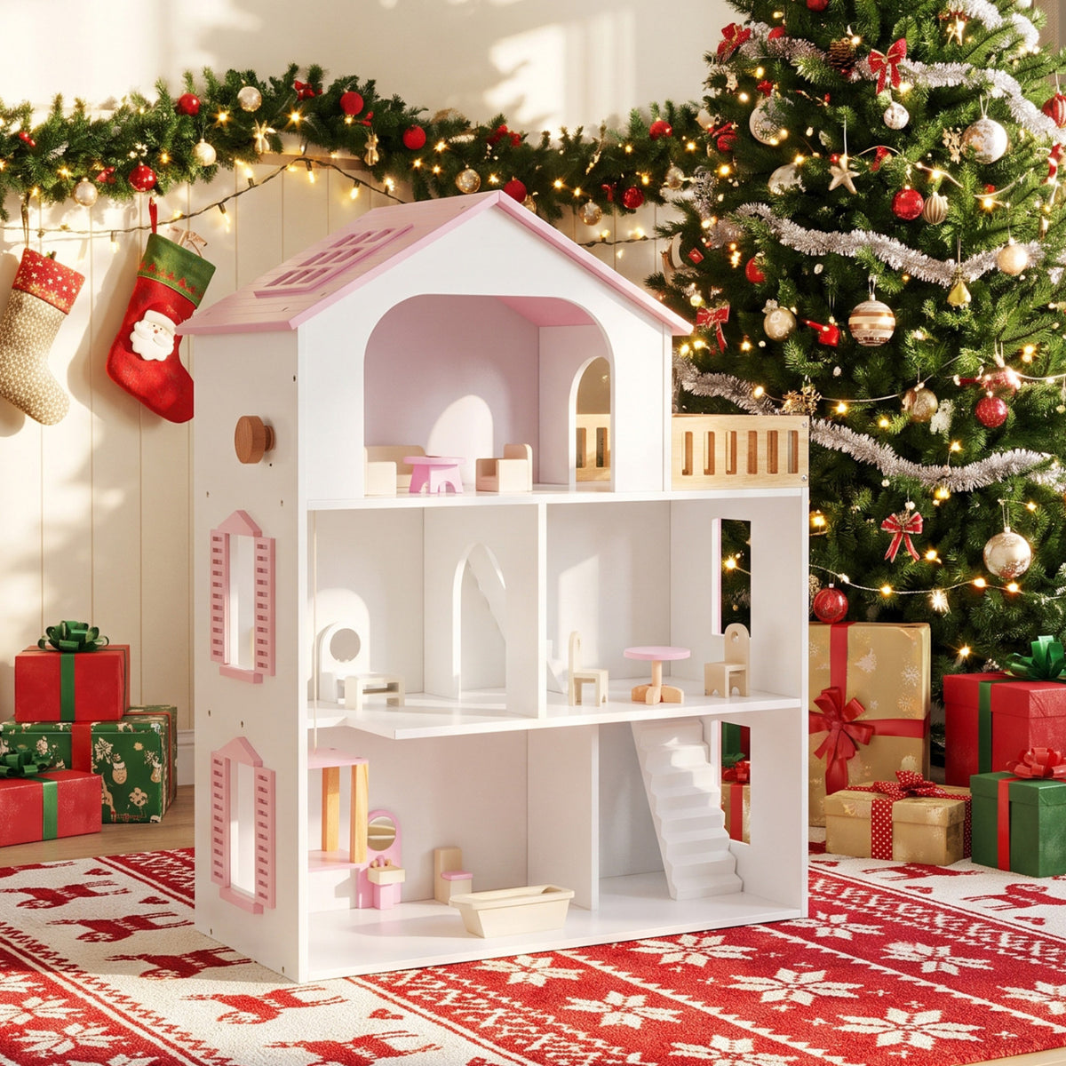 White and pink furnished dollhouse displayed among Christmas decorations and wrapped gifts.