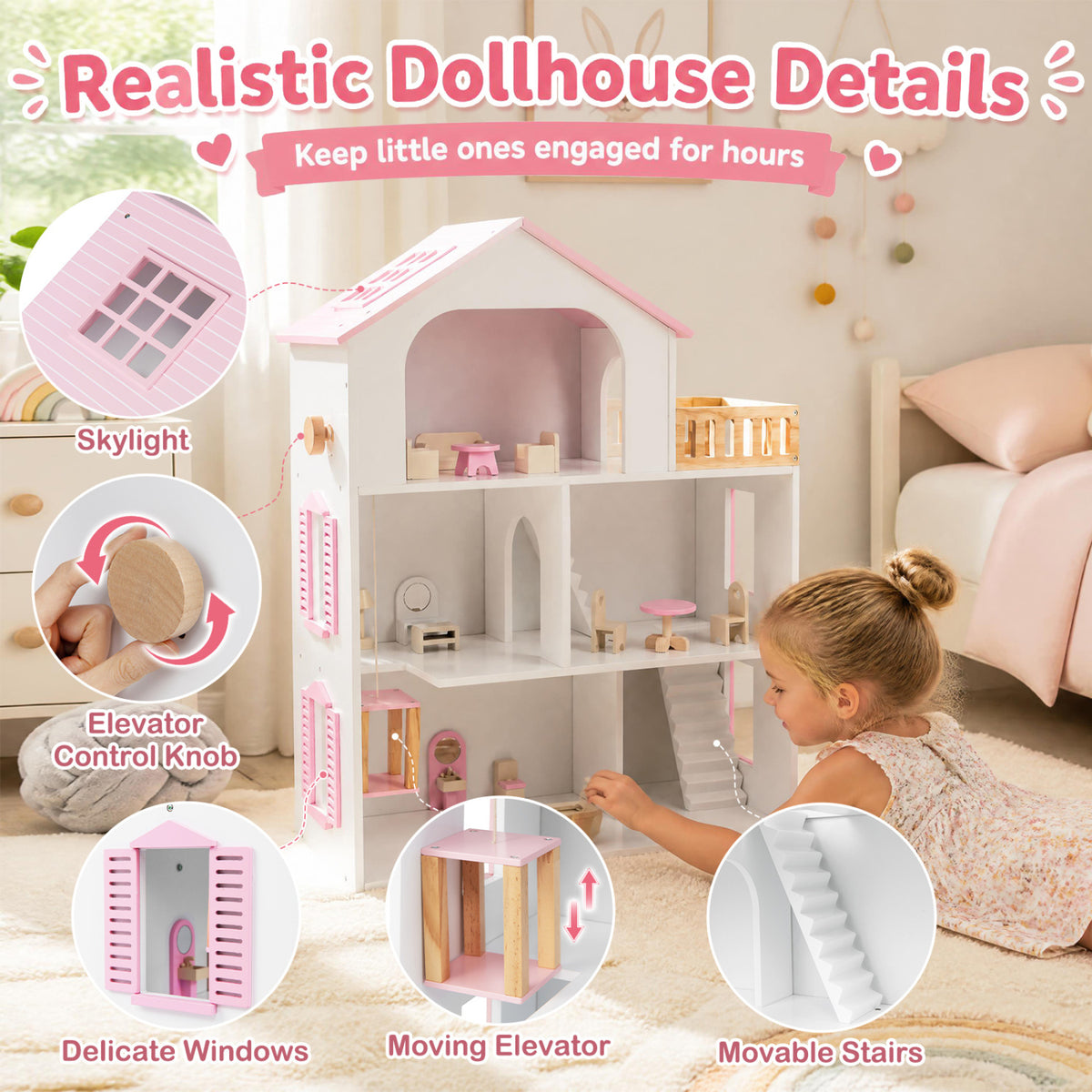 Child playing beside a dollhouse, with circular close-ups of its roof, windows, elevator, and stairs.