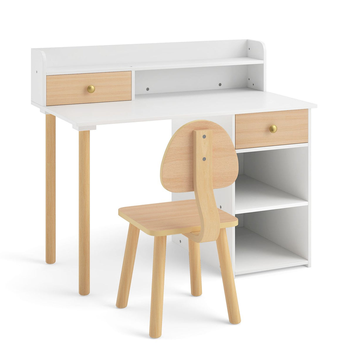 Natural wood-tone desk and chair shown from behind, with a hutch drawer and open side shelves.