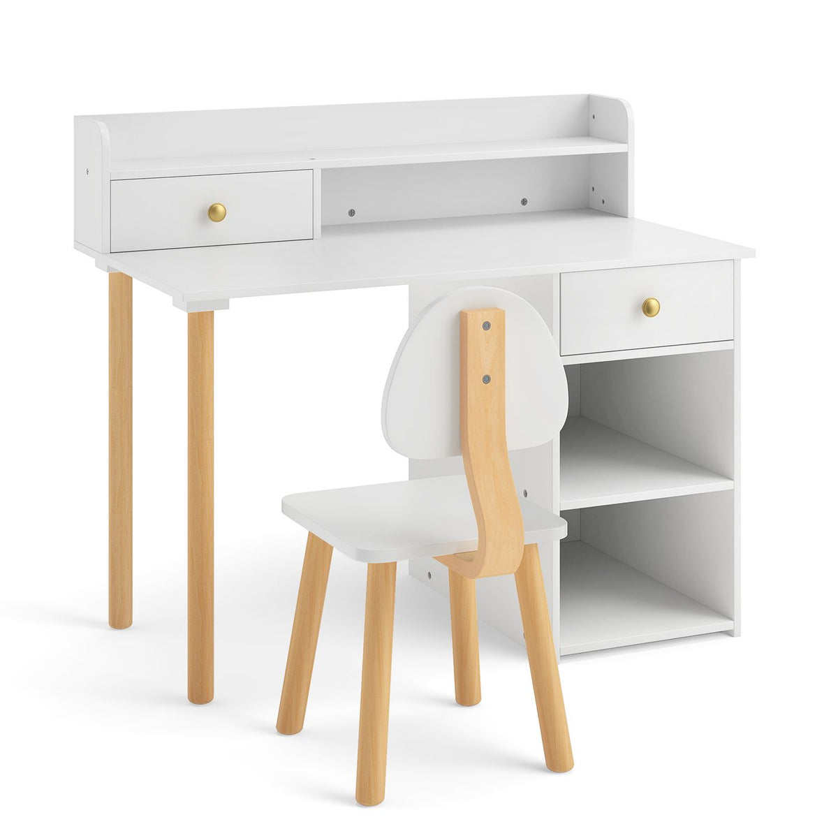White desk and matching chair shown against a plain background, with drawers and open shelving visible.