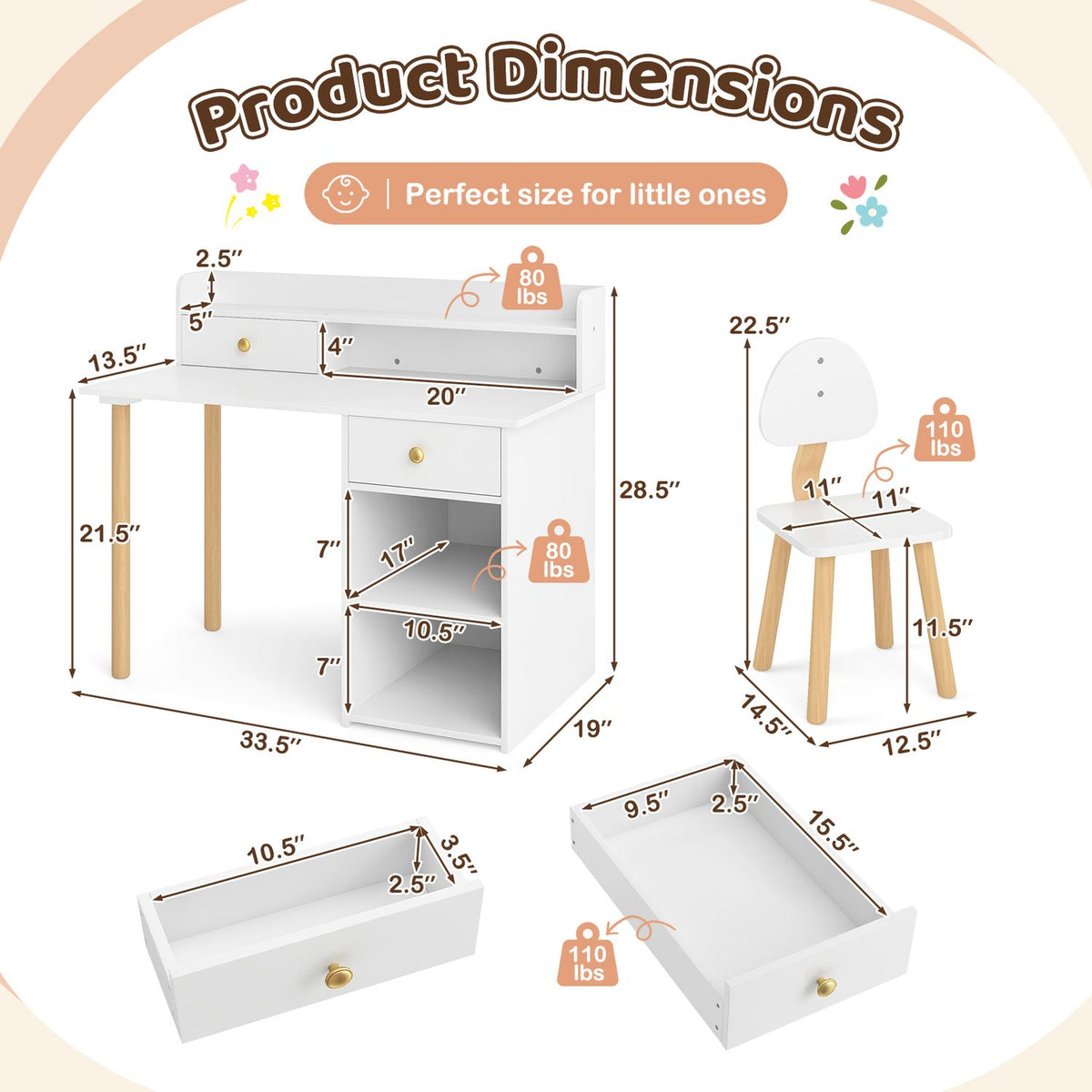 Illustrated desk and chair with measurement arrows and separate drawer views.