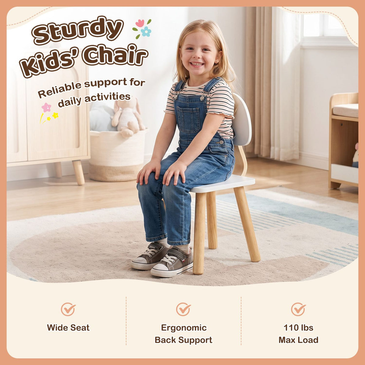 Smiling child sits on a white chair with a curved back and light wood legs.