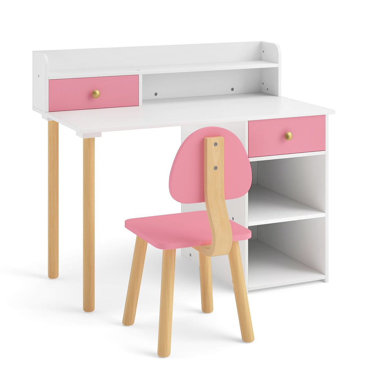 Pink desk and matching chair shown from behind, with a hutch drawer and open side shelves.