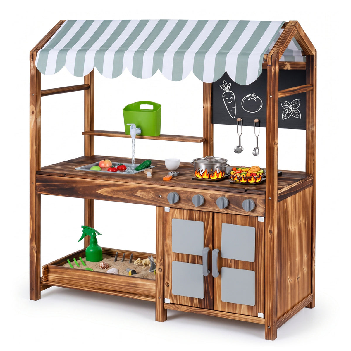 Wooden play kitchen shown alone, with a striped canopy, chalkboard, sink, stovetop, and lower storage.