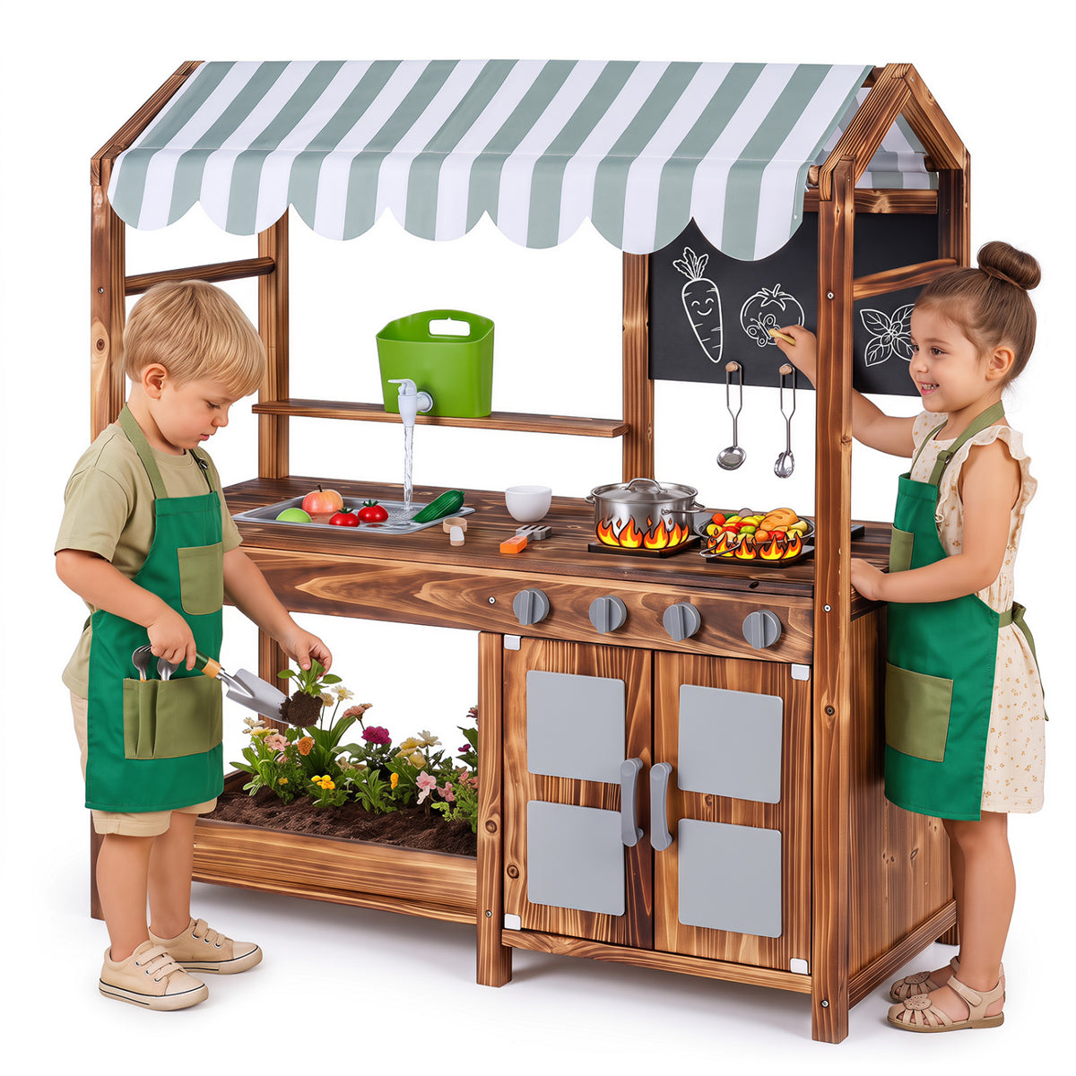 Two children play at the wooden kitchen, one tending the garden bed and the other drawing on the chalkboard.