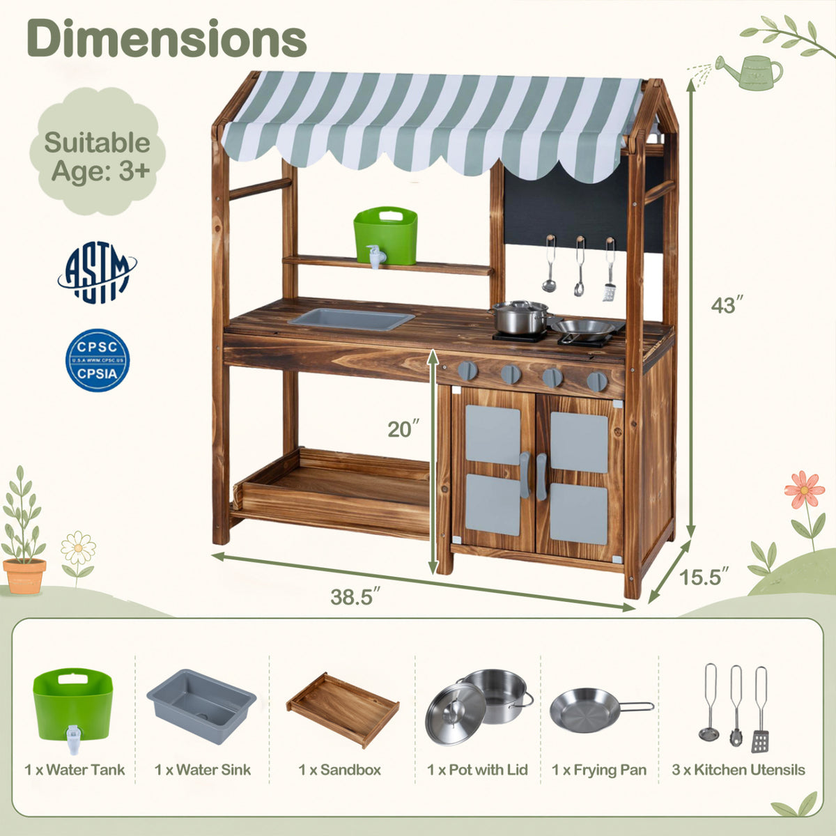 Wooden play kitchen shown with measurement arrows and an accessory lineup below.