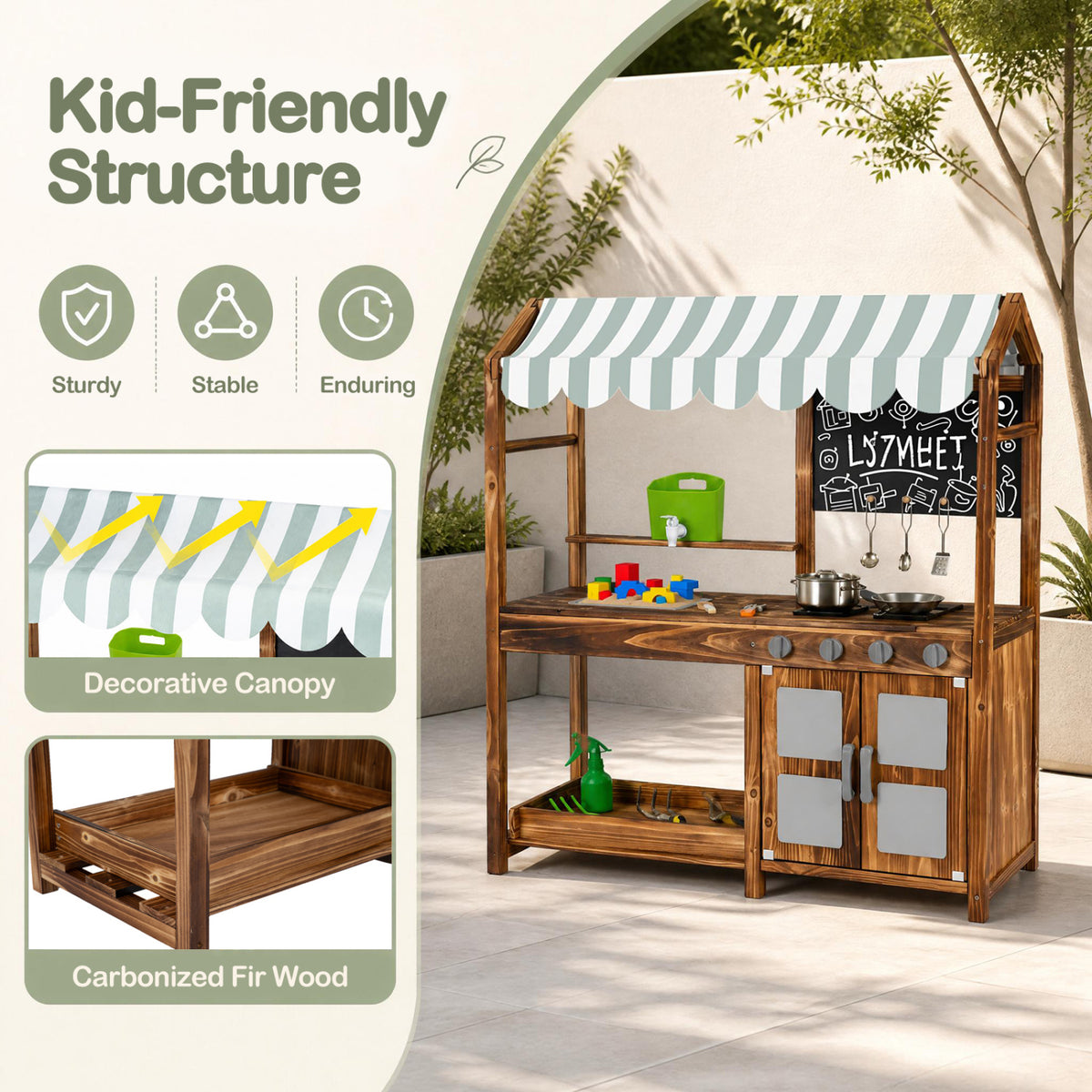 Wooden play kitchen with striped canopy and chalkboard, shown outdoors beside close-ups of its canopy and shelf.