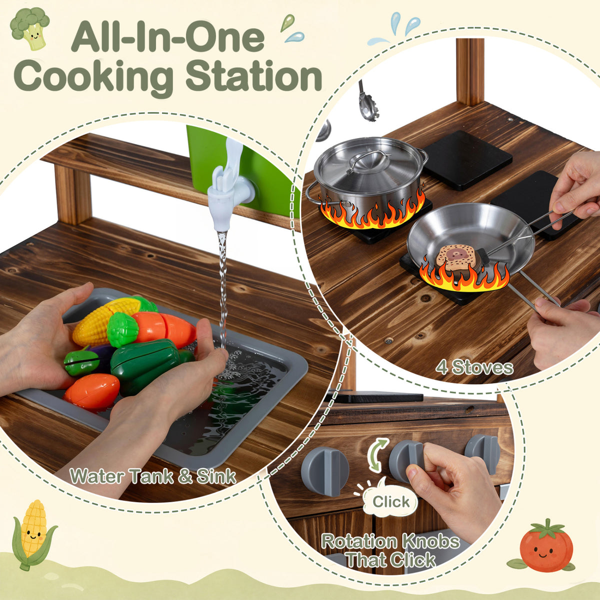 Close-ups show toy vegetables at the sink, cookware on the stovetop, and a child turning a knob.