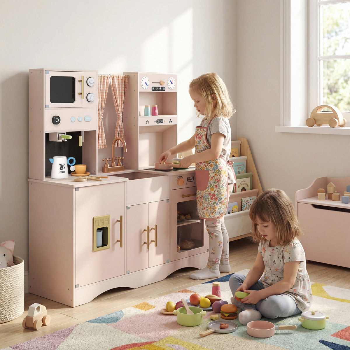 Wooden Kids Pretend Play Toy Kitchen with Microwave and Coffee Maker for Boys & Girls Ages 3+, Pink