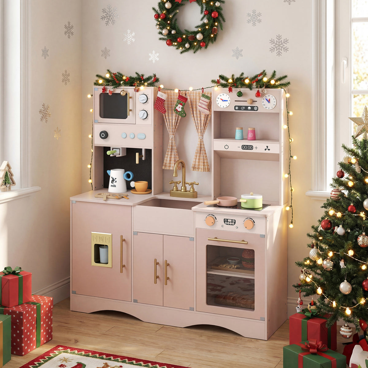 Wooden Kids Pretend Play Toy Kitchen with Microwave and Coffee Maker for Boys & Girls Ages 3+, Pink