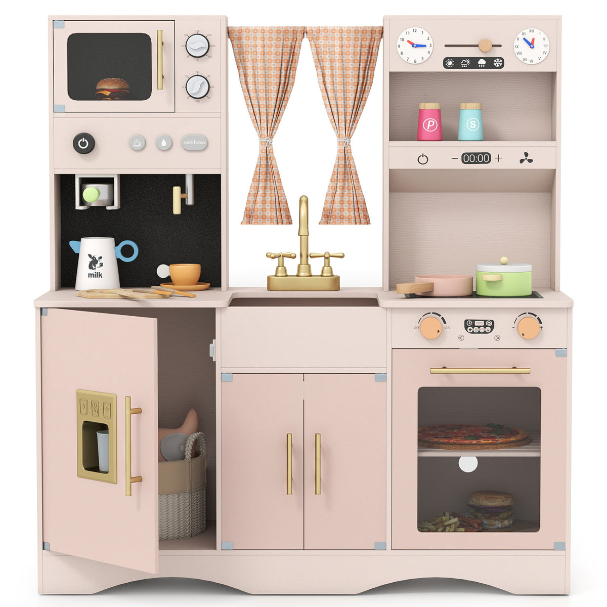 Wooden Kids Pretend Play Toy Kitchen with Microwave and Coffee Maker for Boys & Girls Ages 3+, Pink