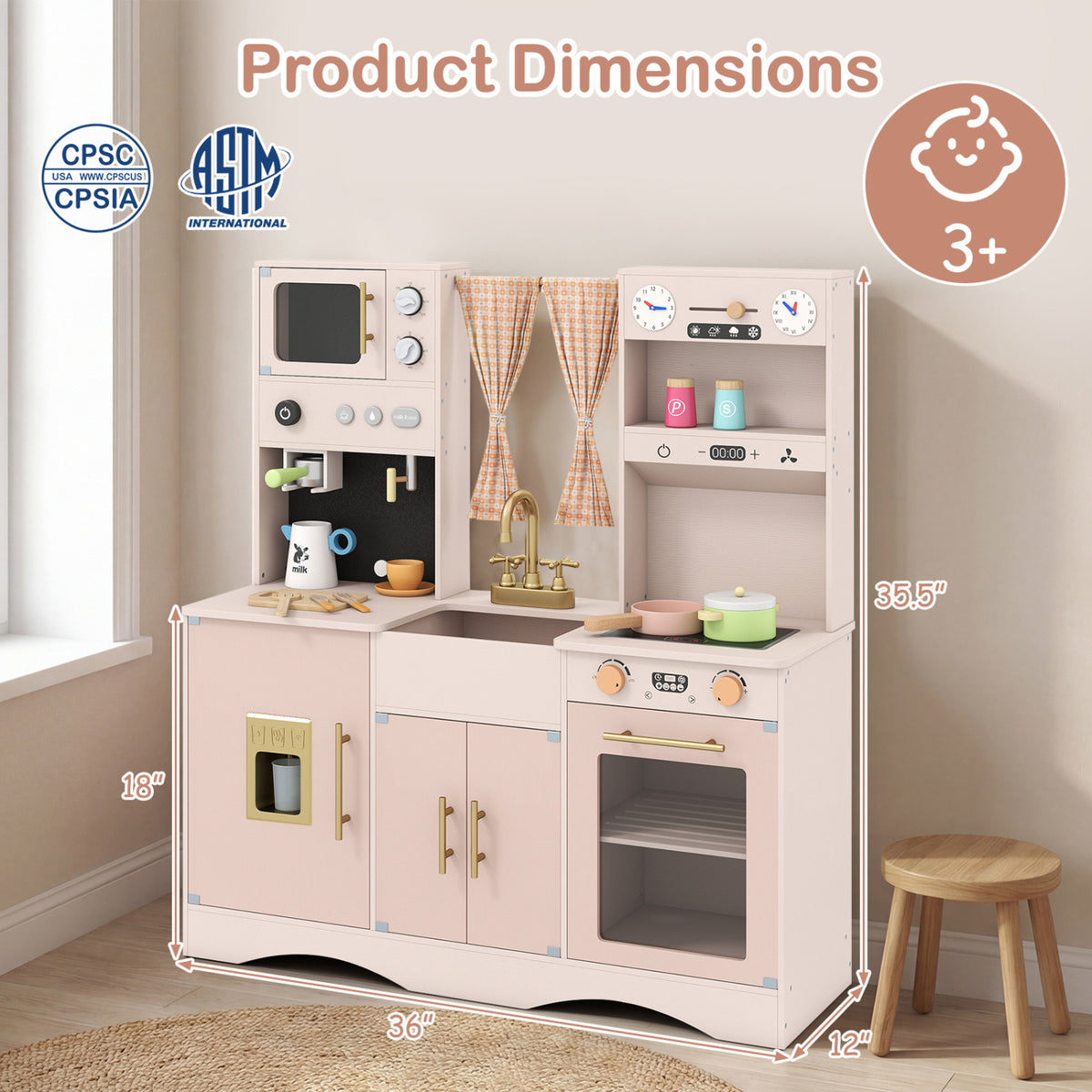Wooden Kids Pretend Play Toy Kitchen with Microwave and Coffee Maker for Boys & Girls Ages 3+, Pink