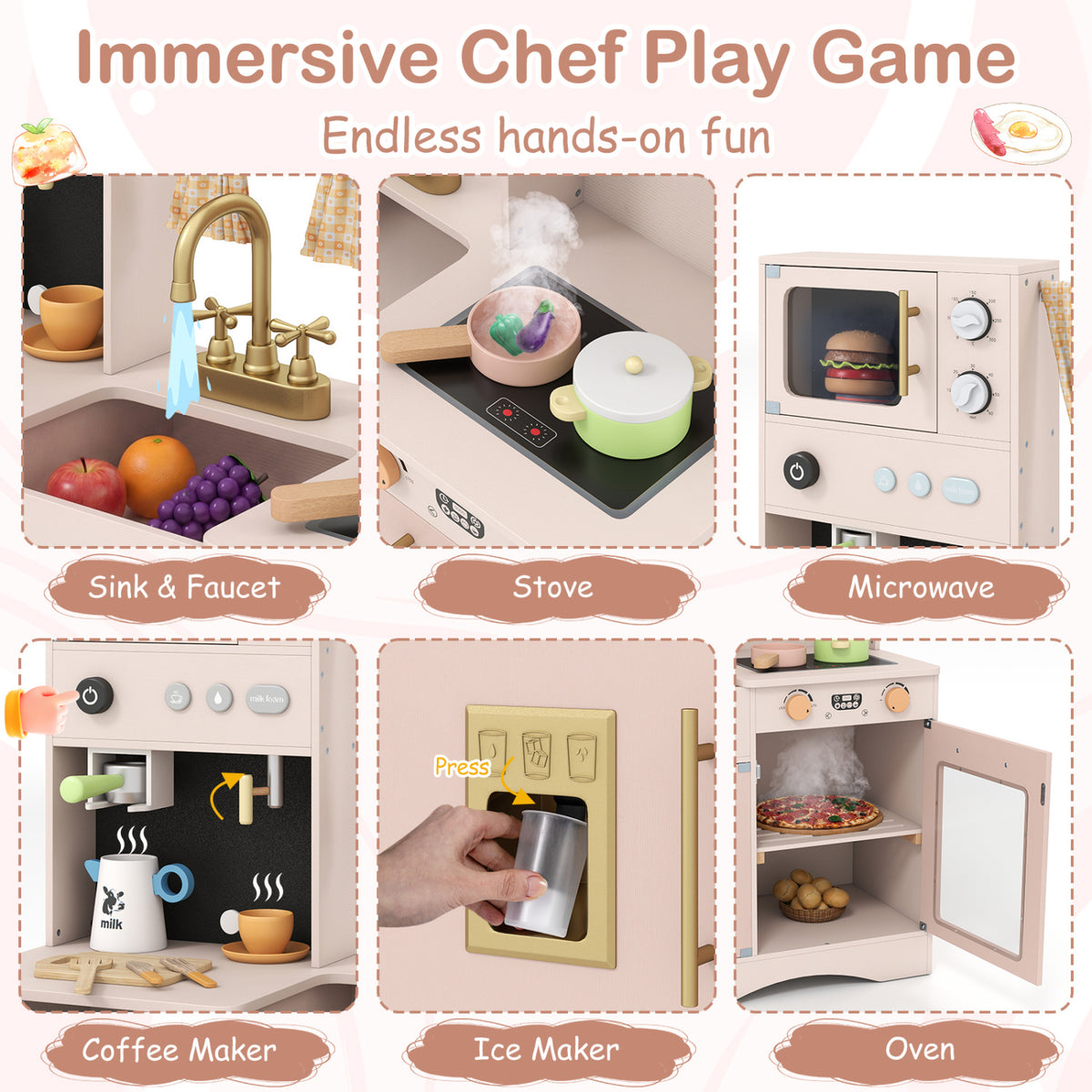 Wooden Kids Pretend Play Toy Kitchen with Microwave and Coffee Maker for Boys & Girls Ages 3+, Pink