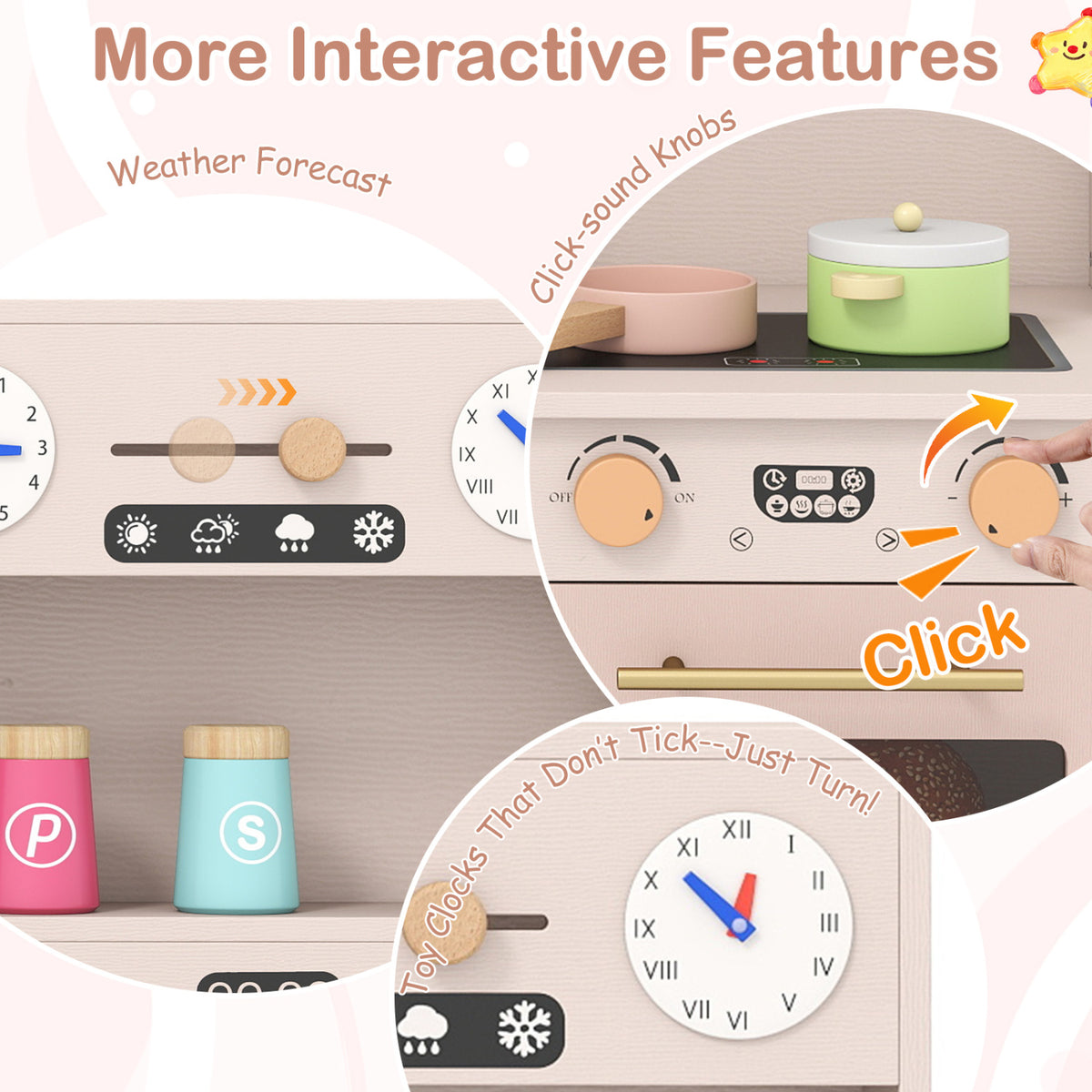 Wooden Kids Pretend Play Toy Kitchen with Microwave and Coffee Maker for Boys & Girls Ages 3+, Pink