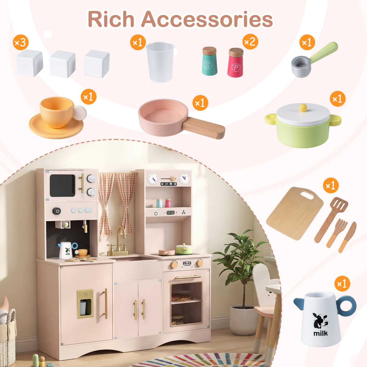 Wooden Kids Pretend Play Toy Kitchen with Microwave and Coffee Maker for Boys & Girls Ages 3+, Pink