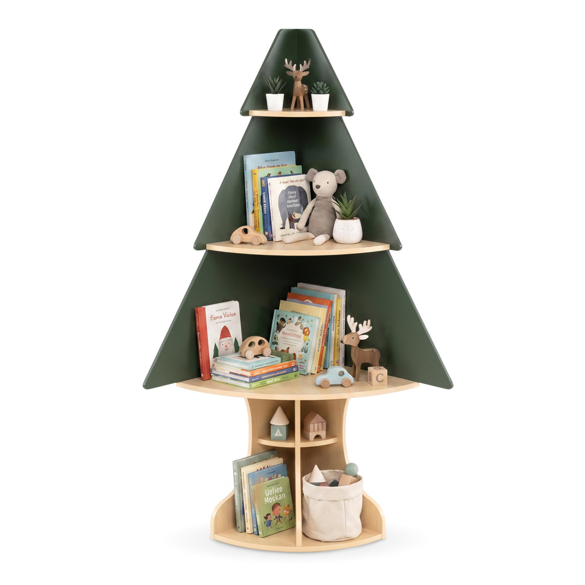 Wooden Montessori Corner Tree Bookshelf with Toy Storage, Green