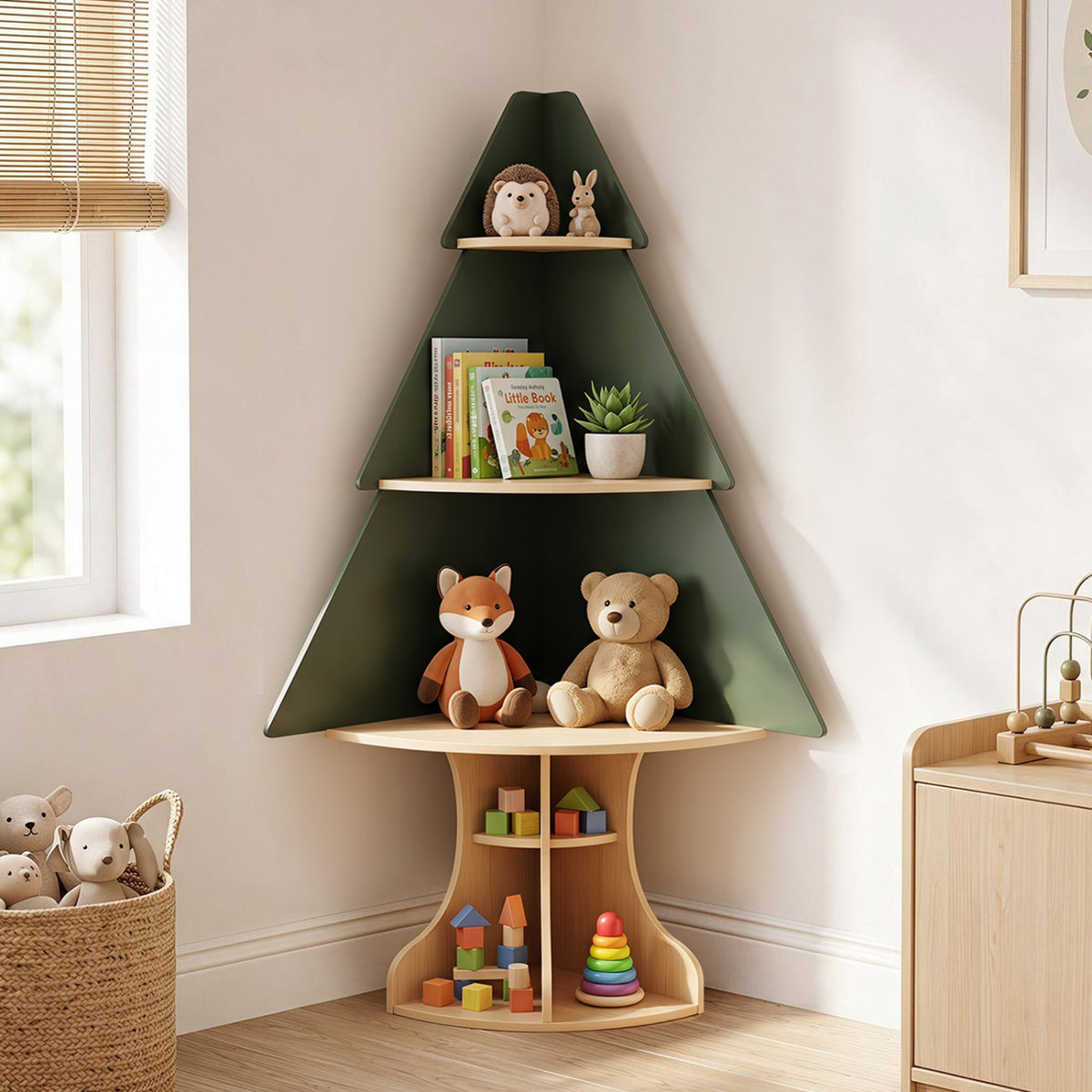 Wooden Montessori Corner Tree Bookshelf with Toy Storage, Green