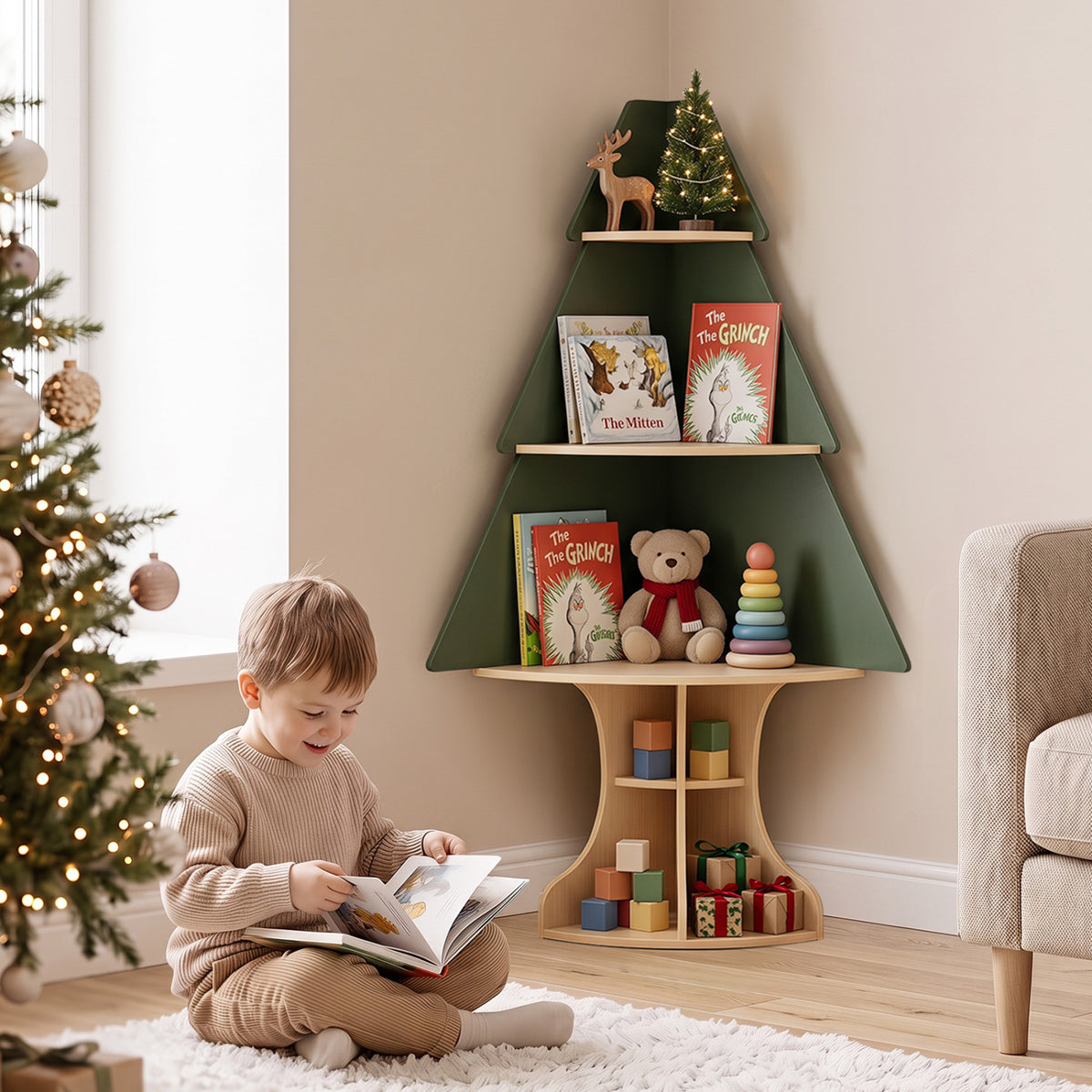 Wooden Montessori Corner Tree Bookshelf with Toy Storage, Green