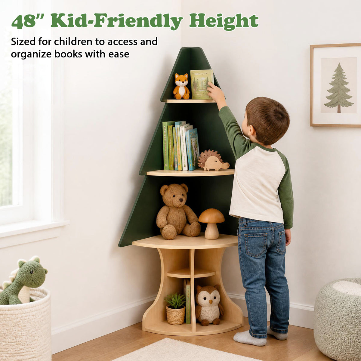 Wooden Montessori Corner Tree Bookshelf with Toy Storage, Green
